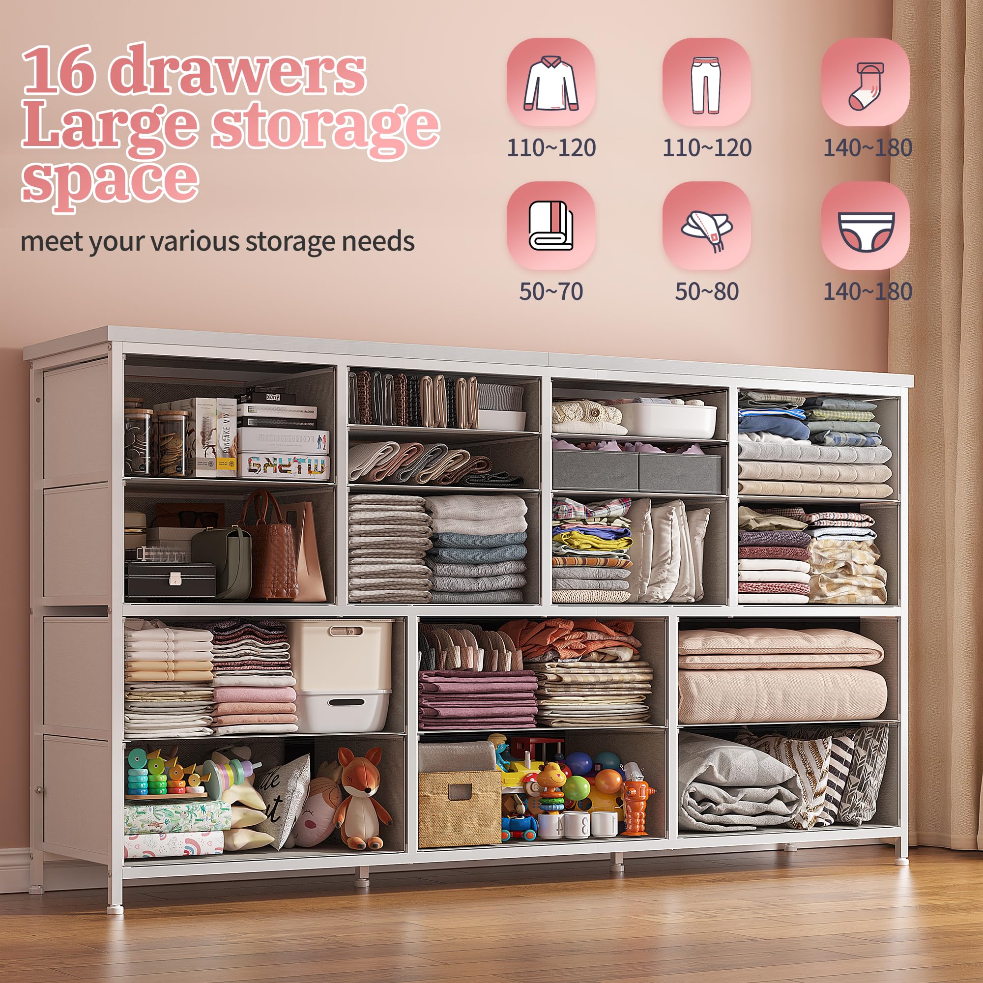 16 Drawers Long Dresser for Bedroom, 51"W Dressers with Power Outlets for 60"Inch TV for Living Room, Entertainment Center with Storage, Media TV Stand Console Table 51.1''W*11.8''D*34.8''H, White
