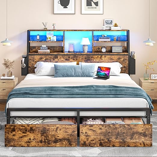 Bed Frame with Storage, LED Lights & Charging Station
