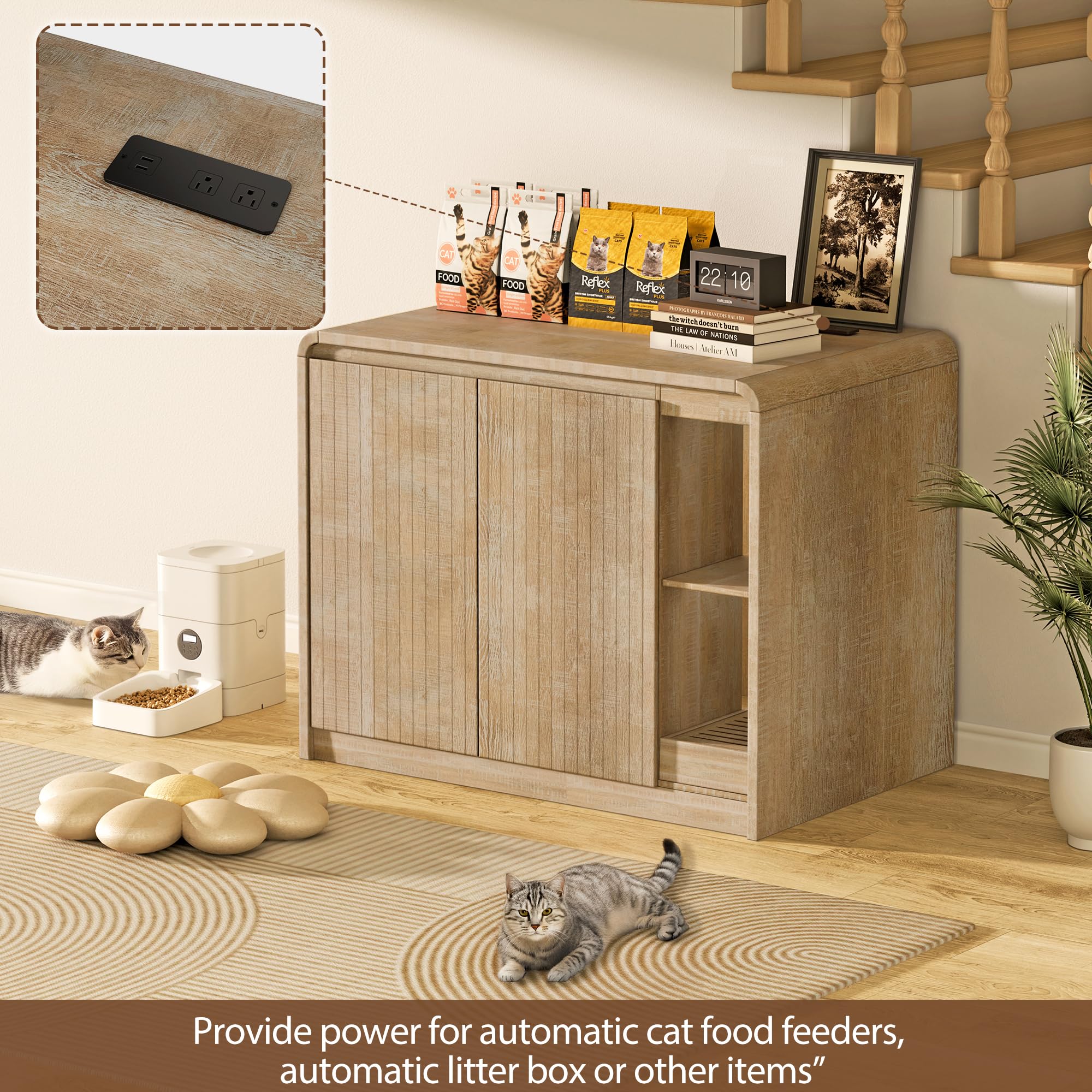 Homiflex Cat Litter Box Enclosure with Litter Collector, Large Litter Box Enclosure for Automatic Litter Box, Cat Furniture with Outlet, Adjustable Shelf for Dog Proof, Cat Washroom Cabinet, Natural