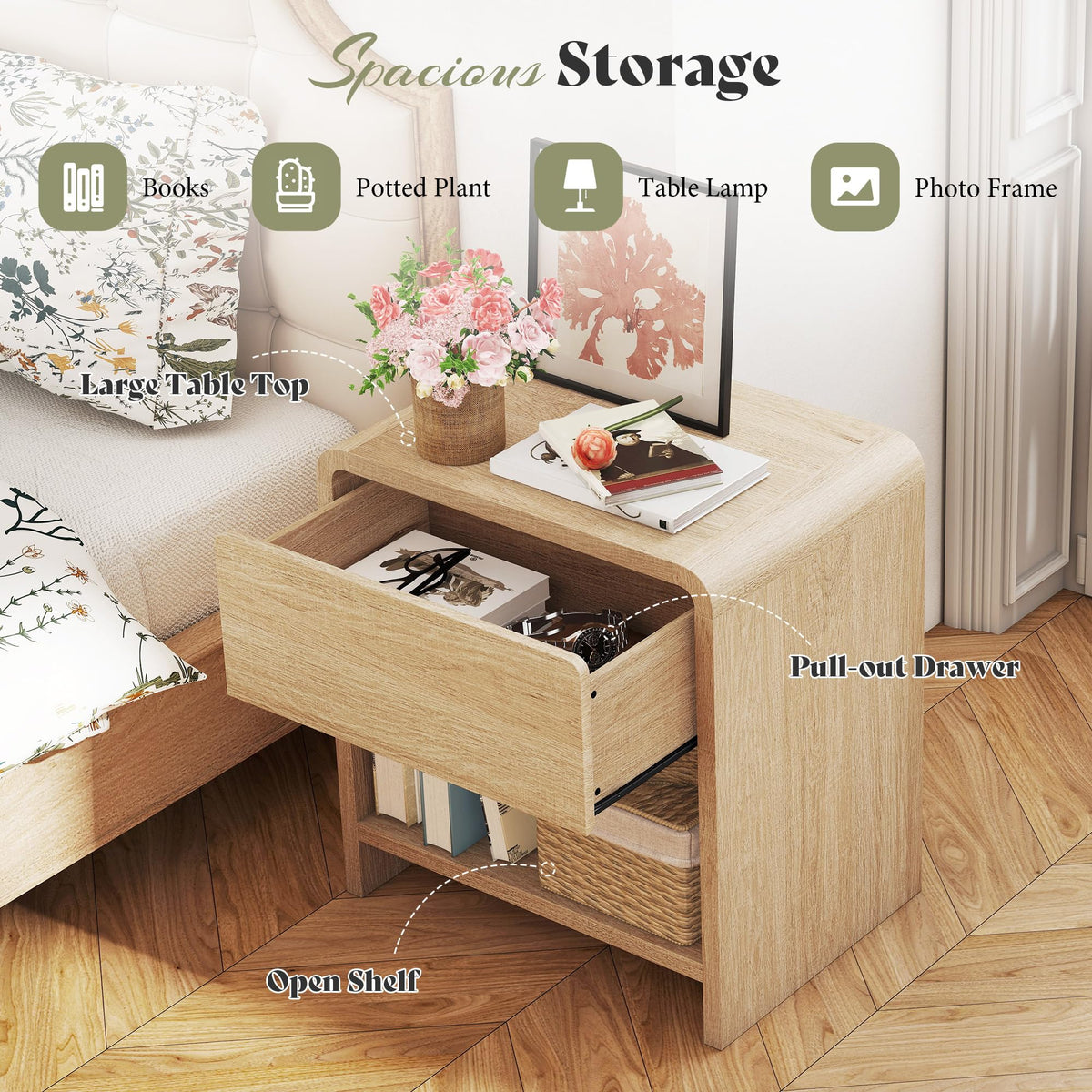 Nightstands with Drawer & Shelves, Set of 2