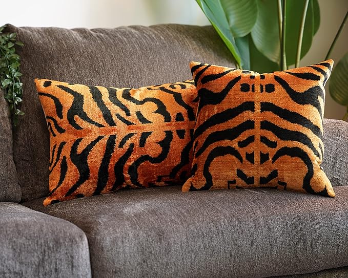 Velvet Tiger Print Throw Pillow with Down Feather Insert