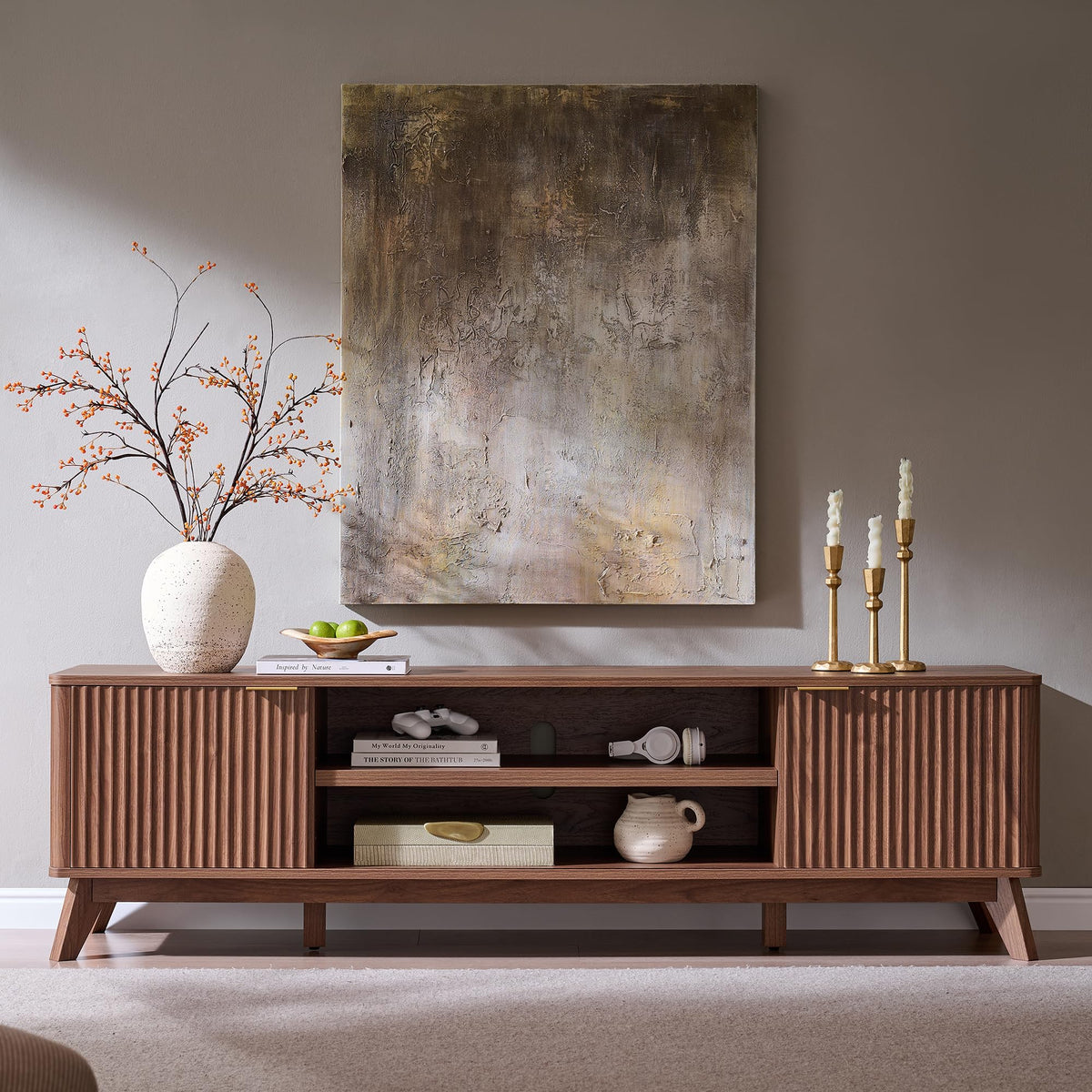 OKD 70" Mid Century Modern Fluted TV Stand,4-Door Storage, Light Walnut