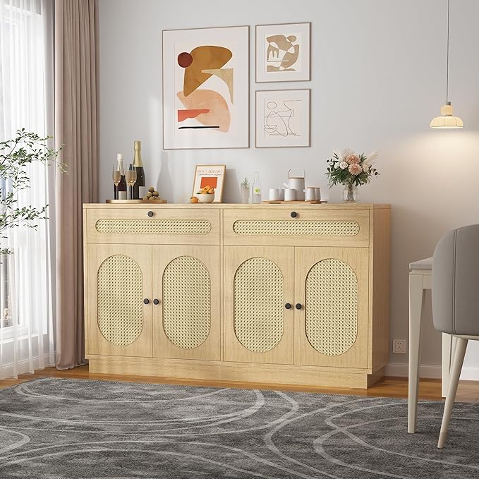 60" Rattan Buffet Sideboard Cabinet with Drawers & Wave Doors
