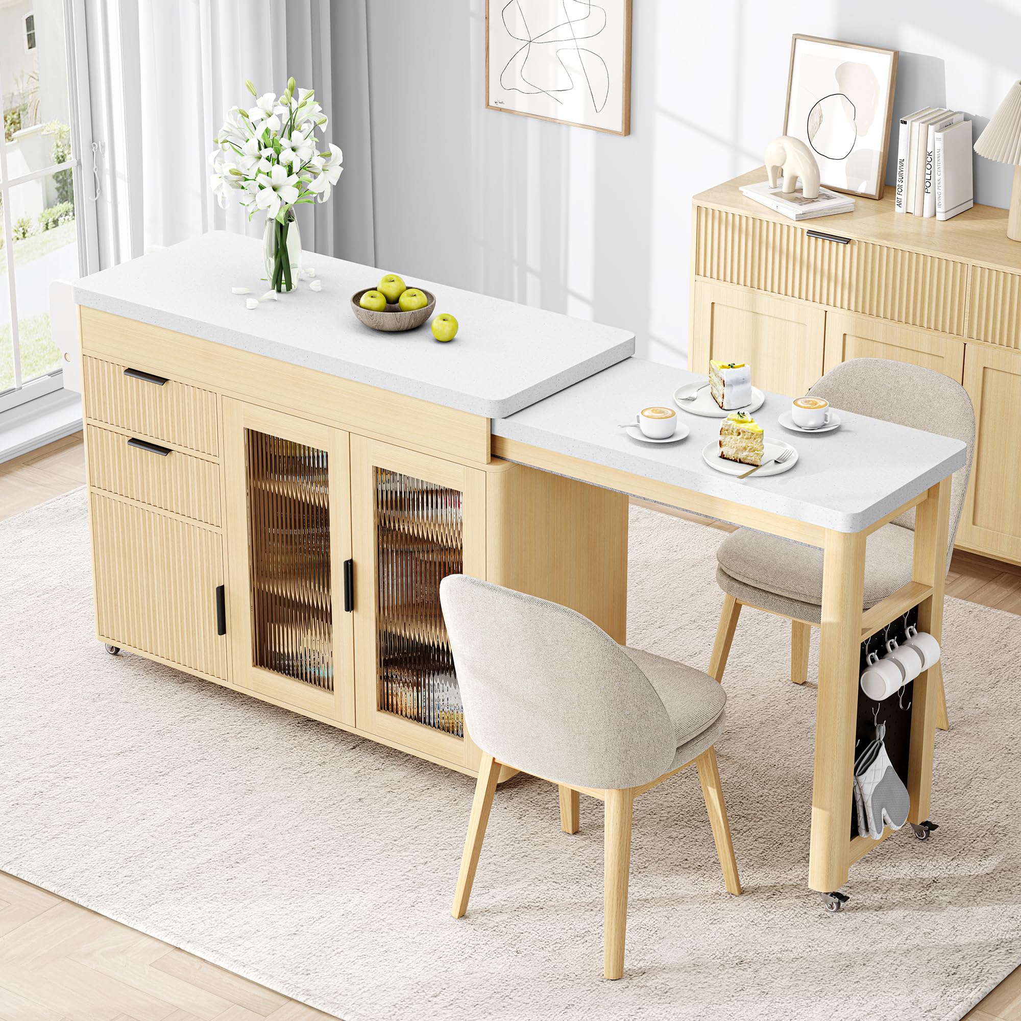 Expandable Kitchen Island with Dining Table & Storage