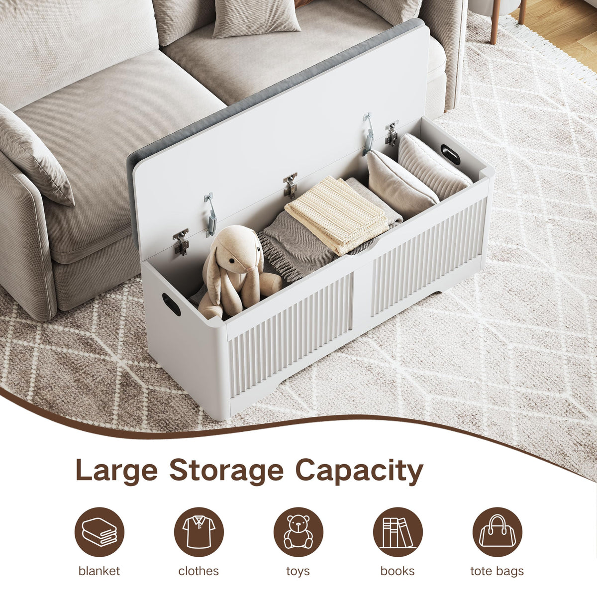 47.3"W Fluted Storage Chest with Padded Seat Cushion, Curved Profile, White