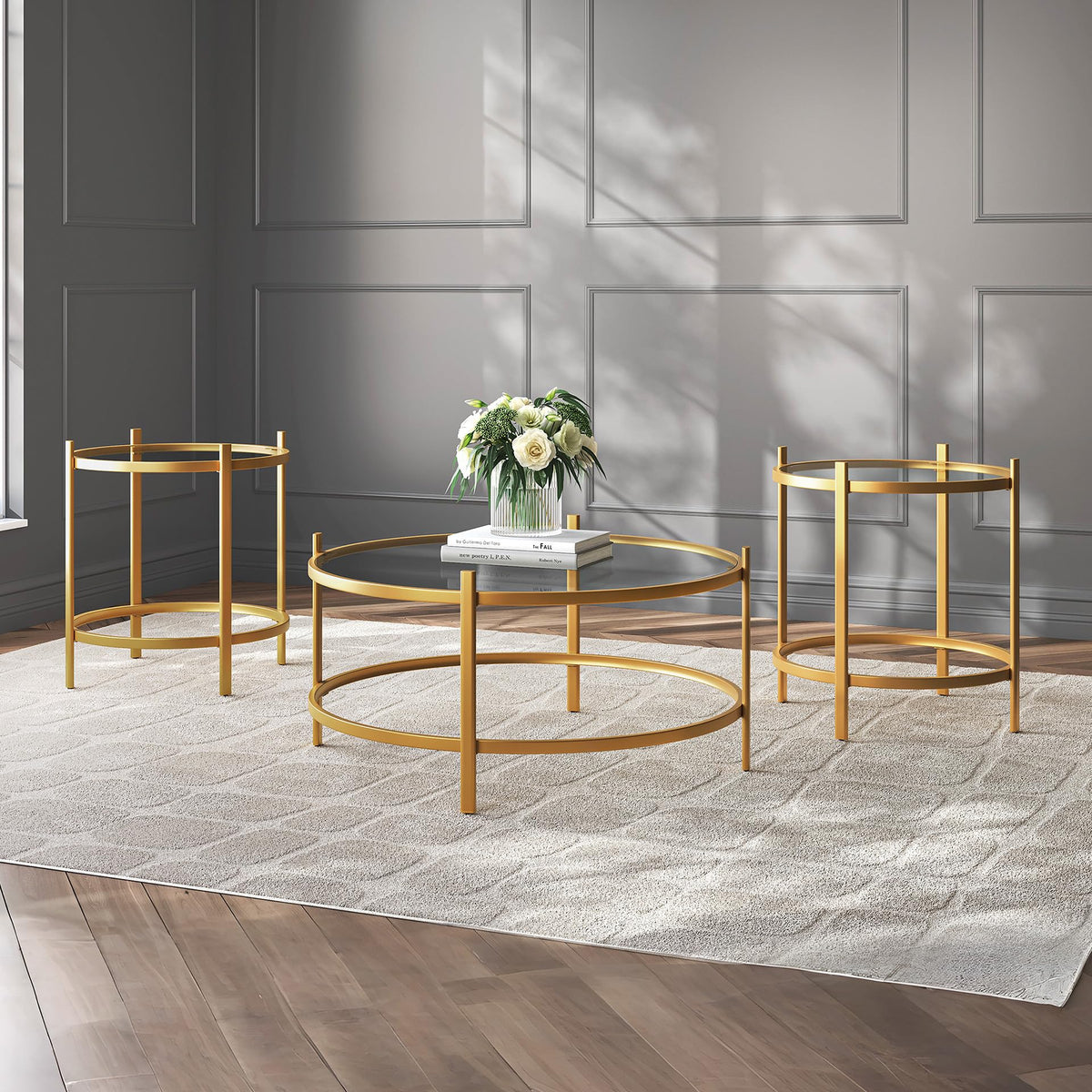 Signature Design by Ashley Pearlox Casual Table with Inset Tempered Glass Top, Set of 3, Gold