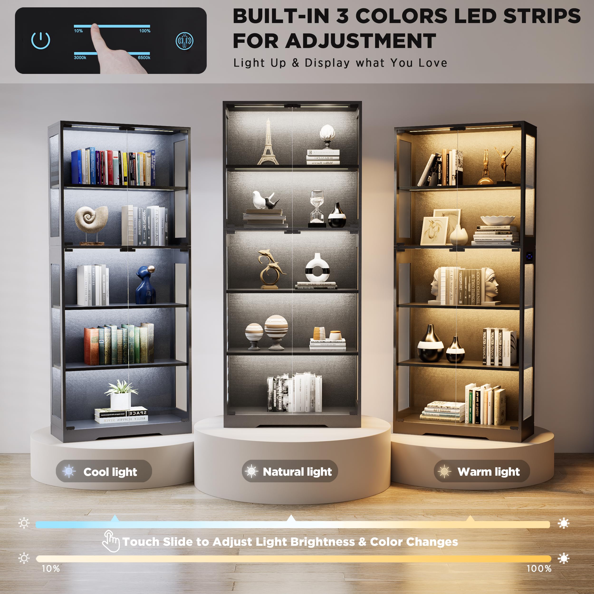 65" Glass Display Cabinet with LED Lighting & Motion Sensor