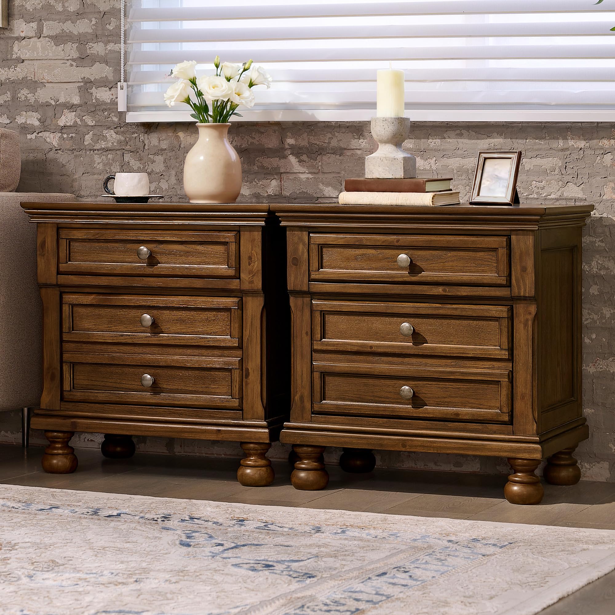 LUXOAK Fully Assembled Solid Wood Nightstand Set of 2 with 2 Drawers, Traditional Bedside End Table with 2 Storage Drawers for Bedroom, Light Brown