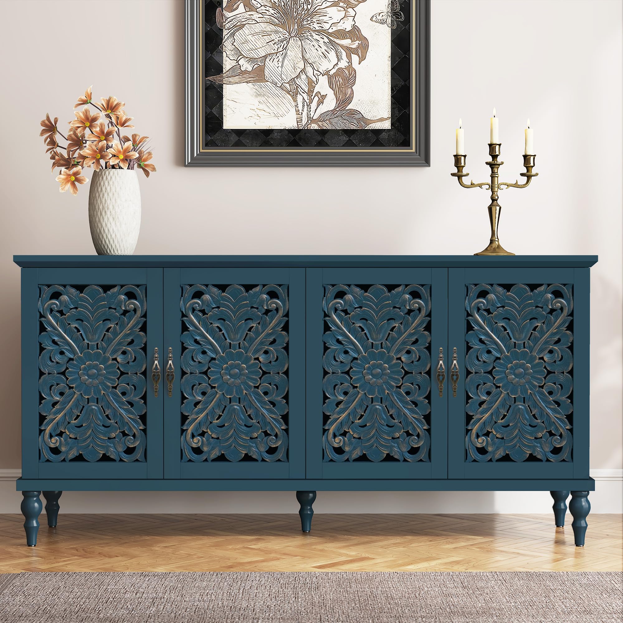 63" Hollow Carved Wood Accent Cabinet with 4 Doors
