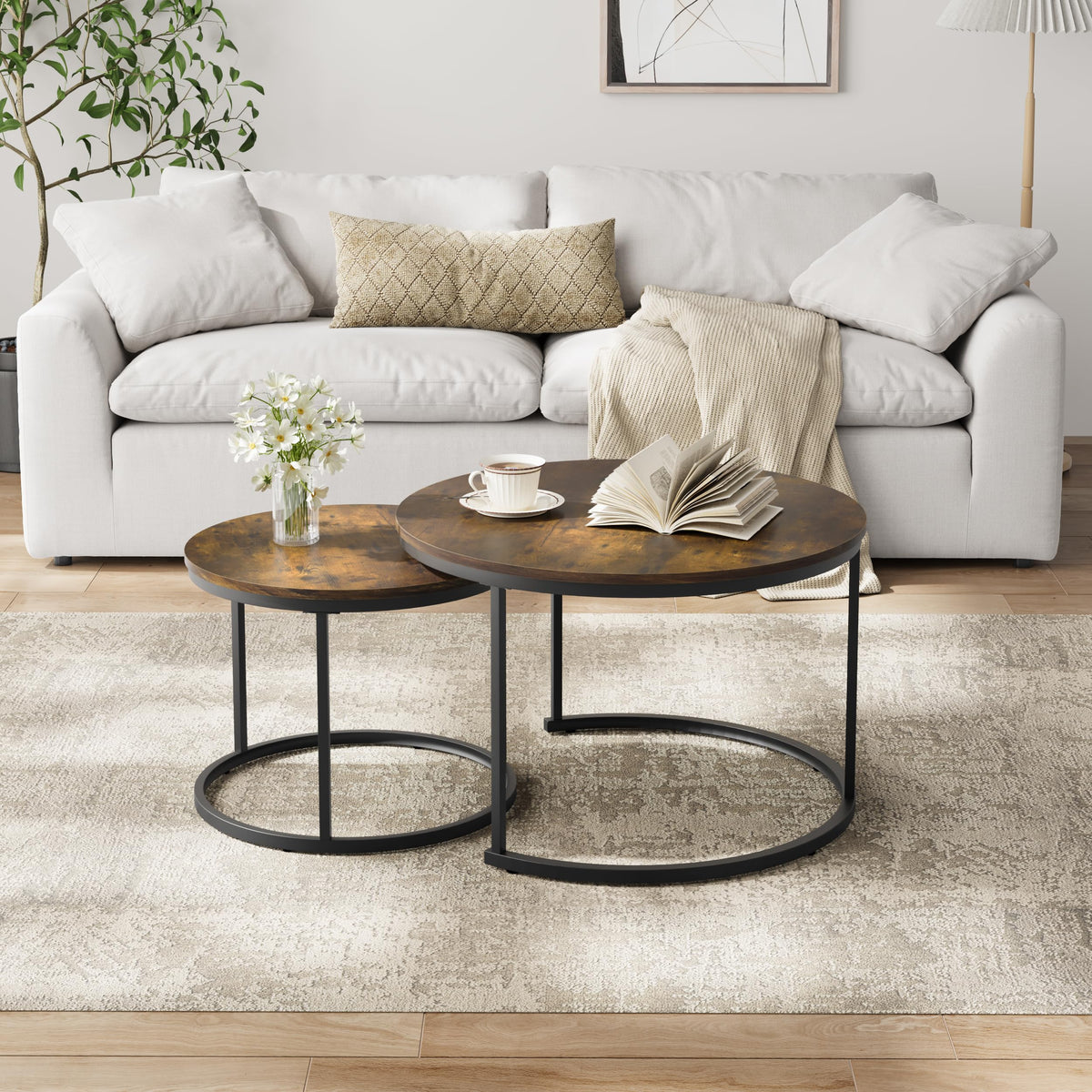 Smuxee Rustic Nesting Coffee Table Set of 2, 27.6" Round Coffee Table Wooden Marble Pattern with Adjustable Non-Slip Feet, Industrial End Table for Living Room Bedroom Balcony