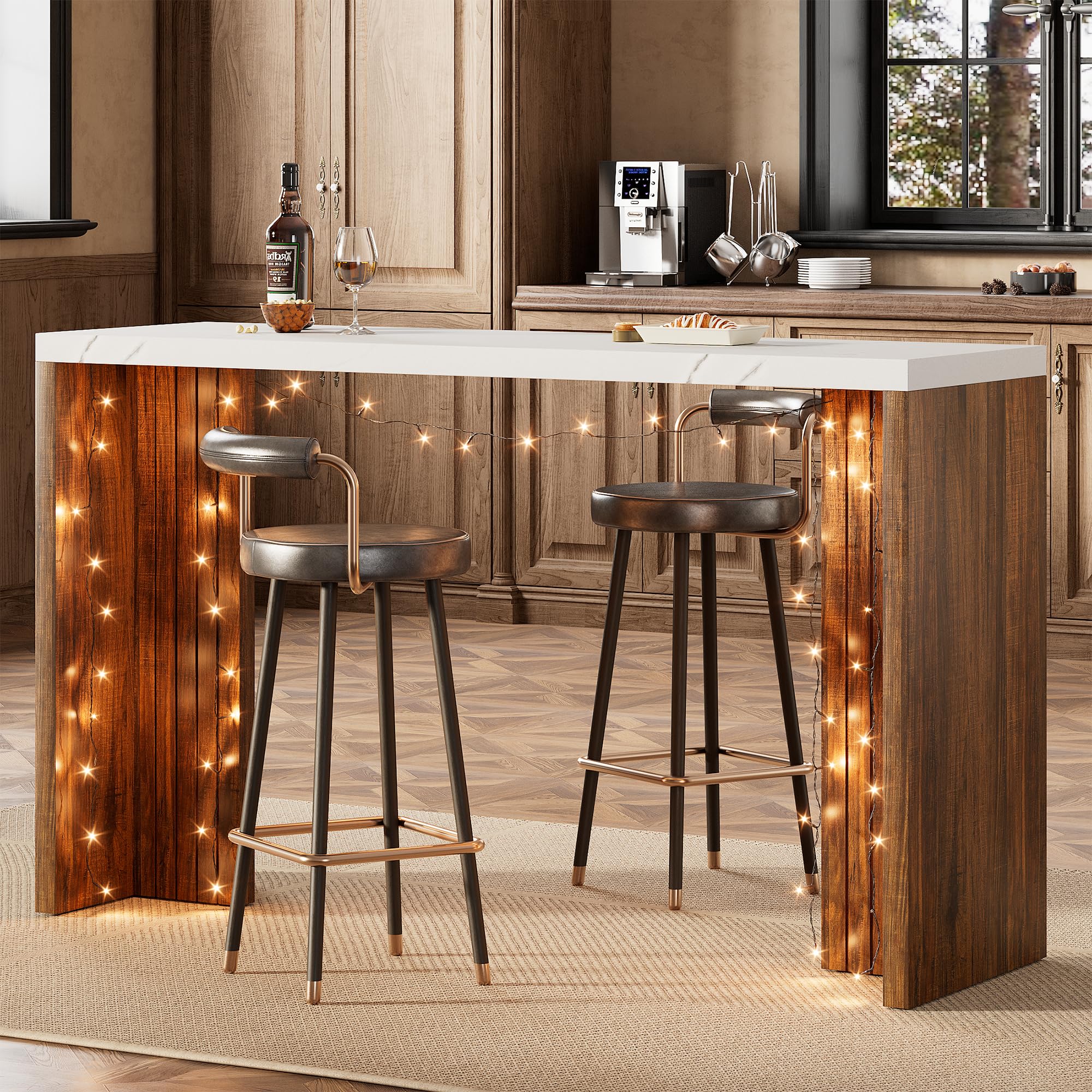 Bar Table for 4-6 People - 55” Long Counter Height Pub with Extra Thickened Tabletop, Modern Rectangular Home Bar Coffee Unit for Kitchen, Dining Room, Balcony, Living Room, Basement, White+Walnut