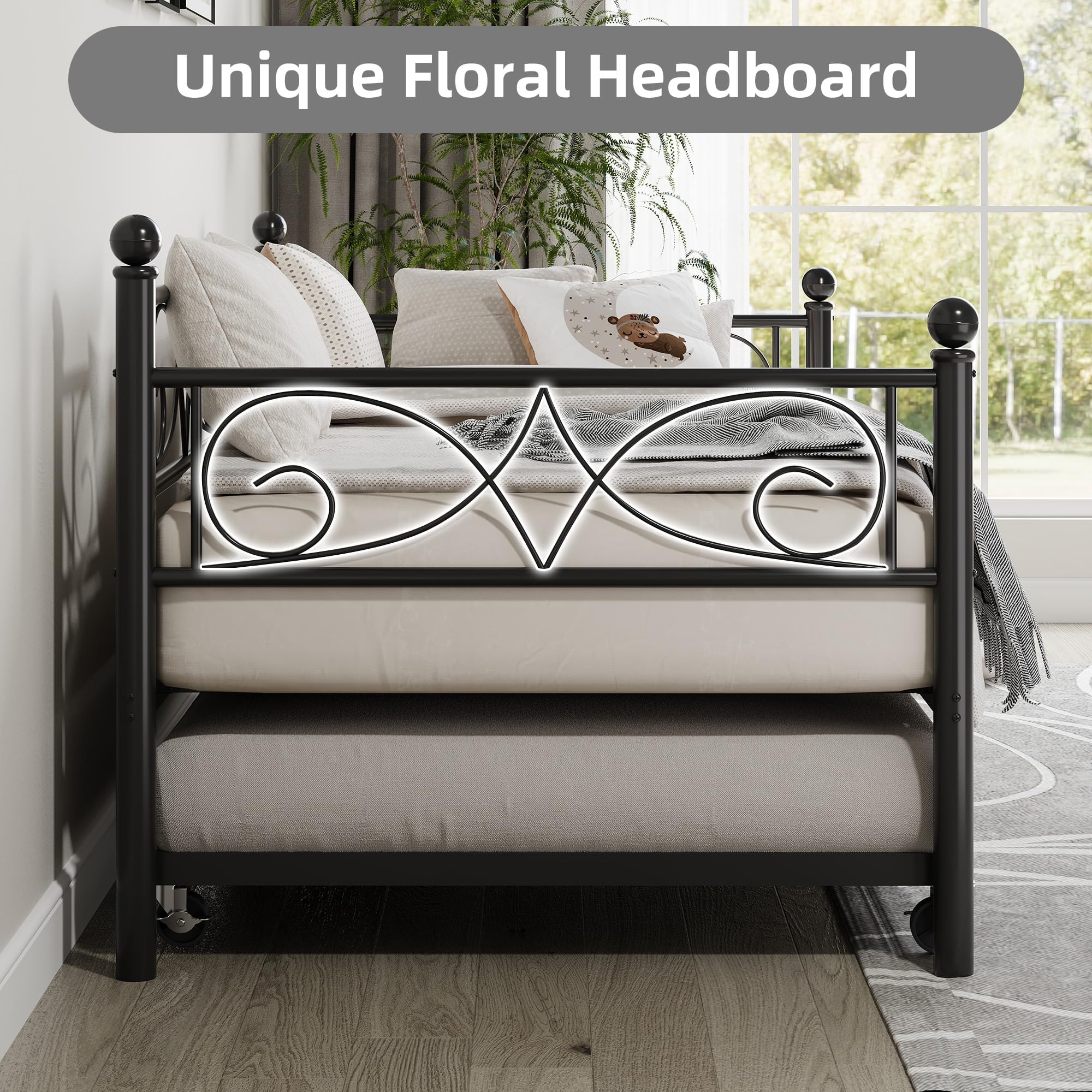 GarveeHome Daybed with Trundle Bed, Twin Size Day Bed with Floral Headboard, Metal Sofa Bed Frame with Pull-Out Trundle, Heavy Duty Steel Slats Supports, for Living Room, Guest Room, Black
