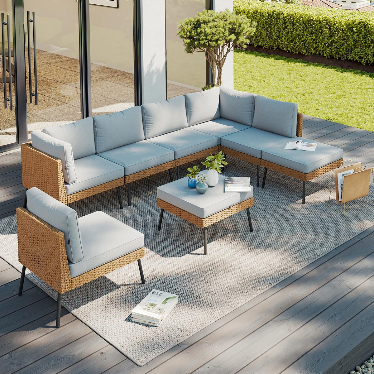 Aoxun 8 Piece Patio Furniture Set, 8 Seats Outdoor Sectional Sofas with Thick Cushion, Wicker Outdoor Patio Furniture Set with Ottomans for Party, Garden, Backyard, Grey