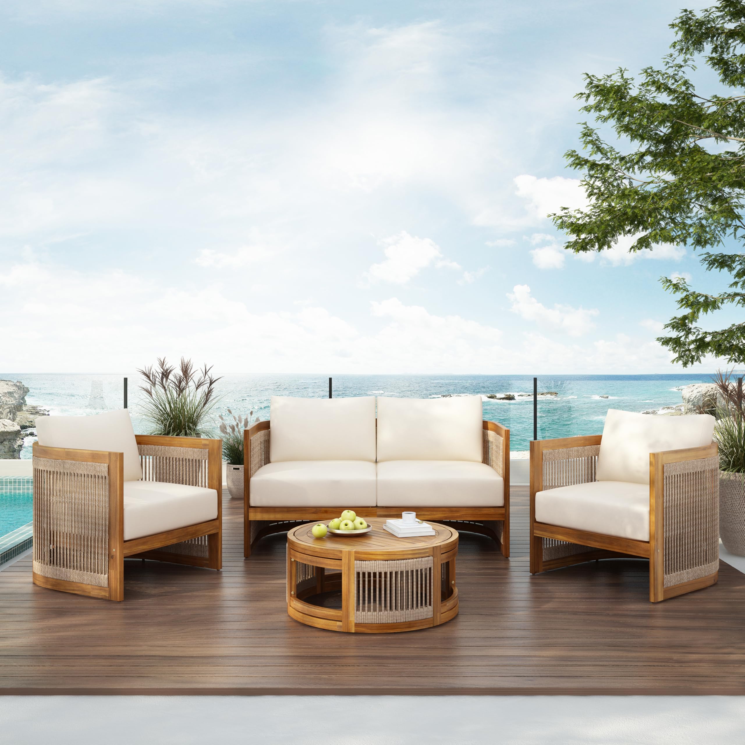 4-Piece Outdoor Conversation Set – Acacia Wood & Woven Rope
