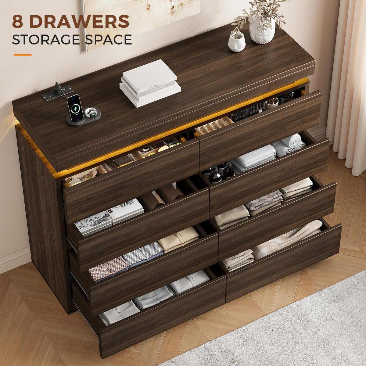 8 Drawer Dresser with LED Lights and Charging Station, Modern Brown Dresser