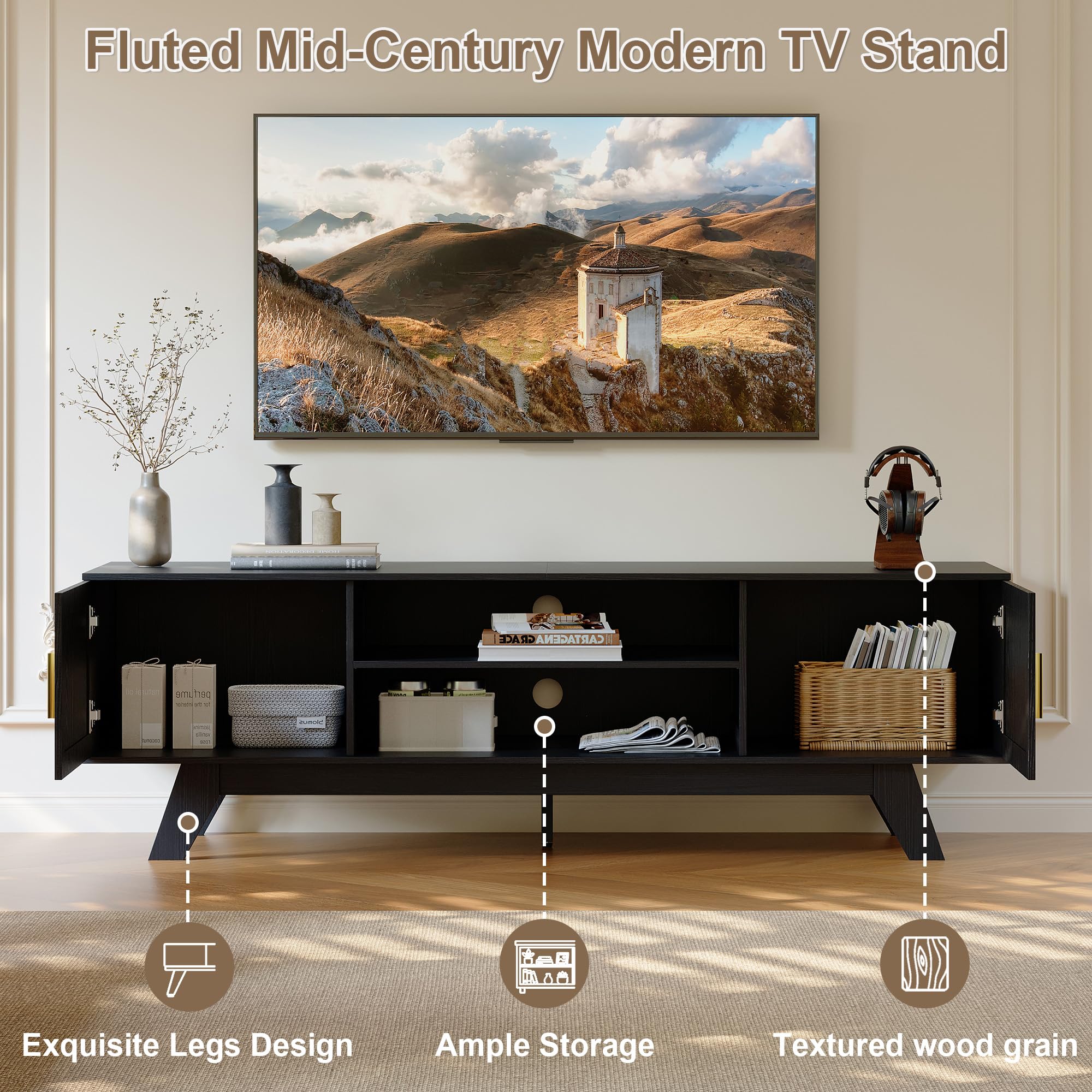 ChooChoo 59.5" Fluted TV Stands for 65 Inch TV, Mid Century Modern Entertainment Center with Storage and Adjustable Shelf, Long TV Console Media Table for Living Room, Bedroom, Black