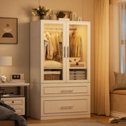 Armoire Wardrobe Closet with LED Light, Drawers & Hanging Rod