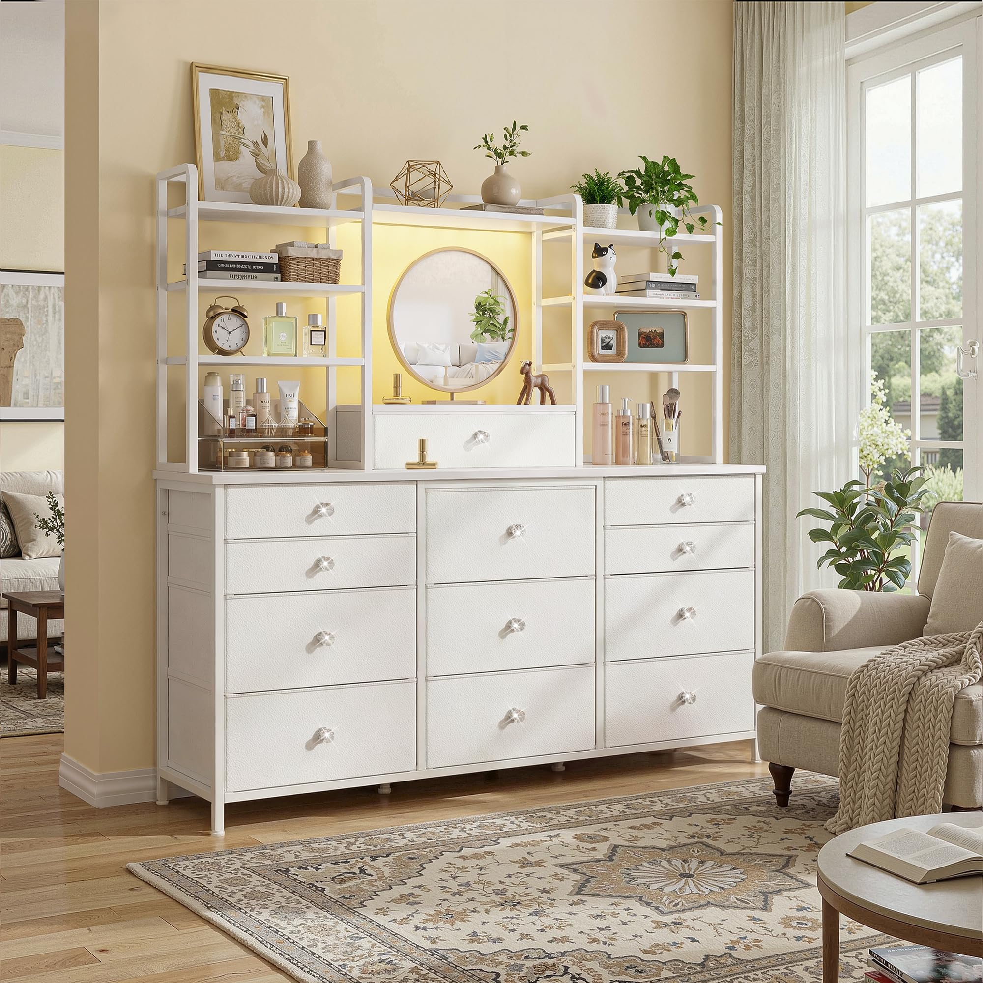 Romorgniz White Dresser for Bedroom with 12 Drawers & LED Lights, Fabric Dressers & Chests of Drawers with Open Shelves, Vanity Dresser Organizer with Metal Frame Wooden Shelf for Entryway Closet