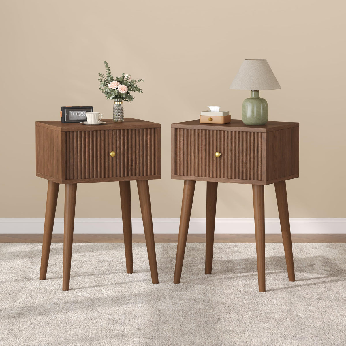 Akxomel Small Nightstand Set 2 Fluted Wooden Nightstands Wood Legs Walnut