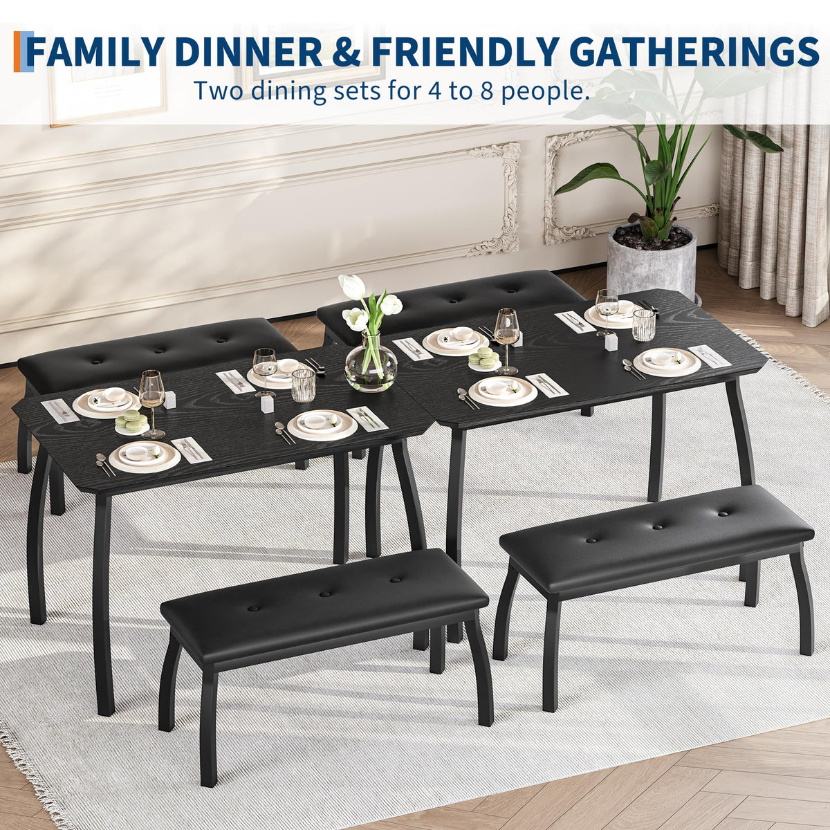 GAOMON 3-Piece Dining Table Set for 4, Industrial Kitchen Table with 2 PU Leather Benches, Engineered Wood Top & Metal Frame, Space-Saving Dinette Set for Dining Room, Apartment, Home，Black