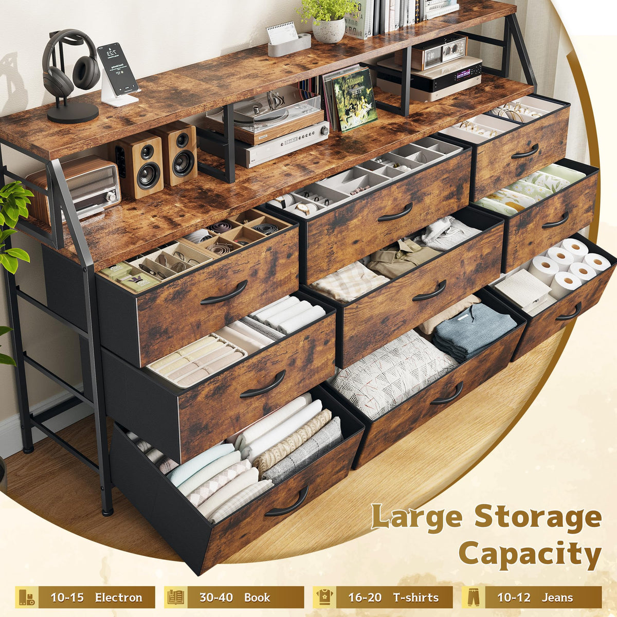 9-Drawer Fabric Dresser with Display Shelf