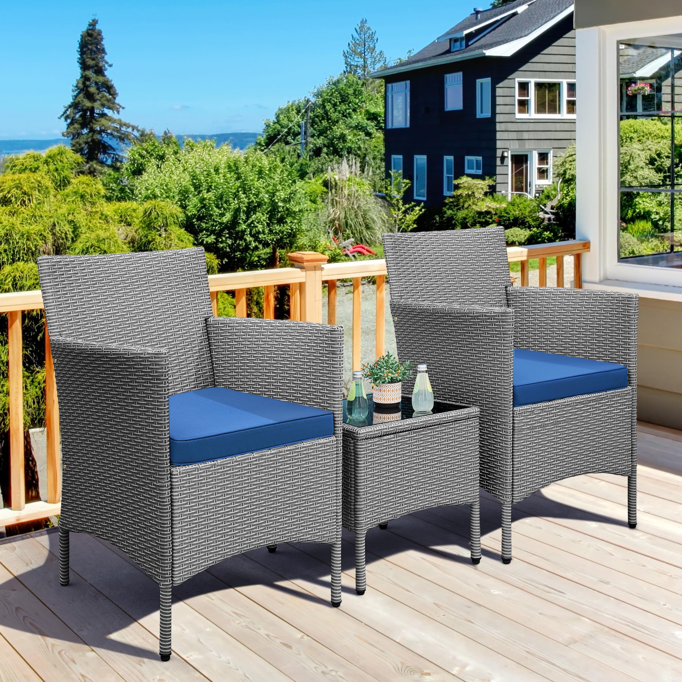 Yaheetech 3 Pieces Patio Porch Furniture Set, Outdoor PE Rattan Wicker Conversation Set with Soft Cushions, Glass Coffee Table & 2 Chairs for Garden/Deck/Courtyard/Poolside, Gray/Dark Blue