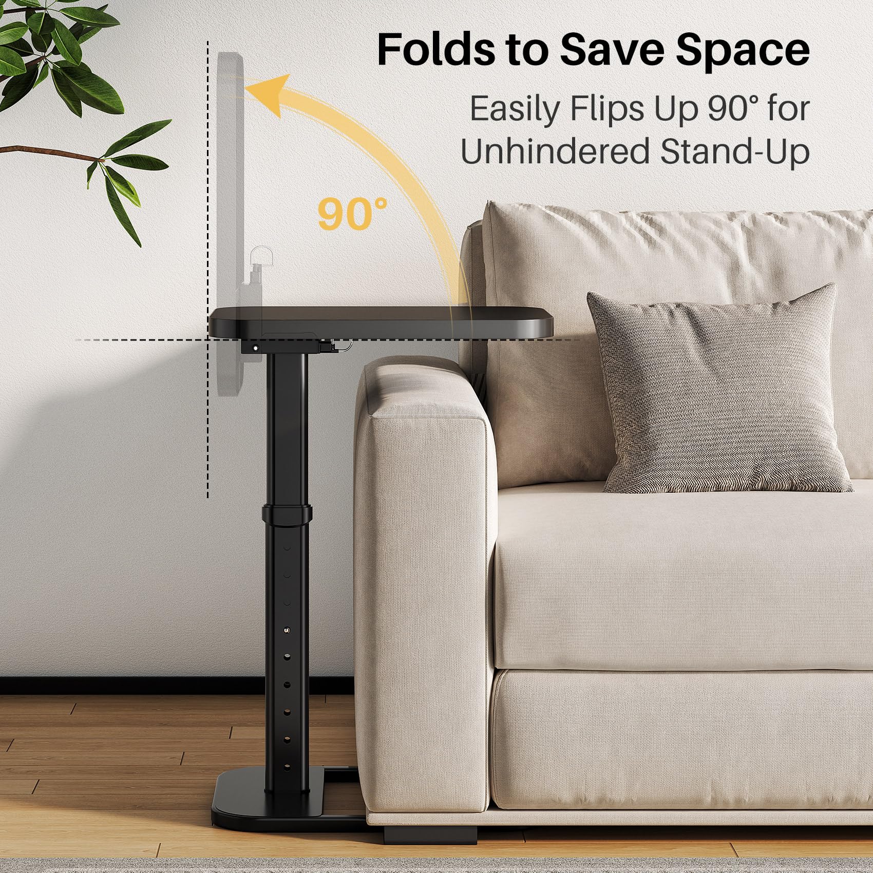 Branwick Adjustable Height TV Tray Table for Couch Eating & Small Spaces, Flip-Top Sofa Side Table with Safe Rounded Corners for Living Room, Bedroom & Apartment, Portable Laptop Snack Table, Black