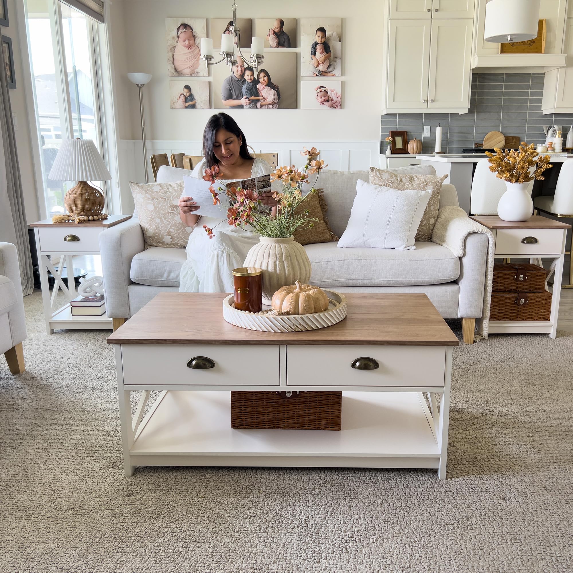 PHI VILLA Coffee Table for Living Room - Farmhouse Modern Coffee Tables with Storage, Ivory White Coffee Table