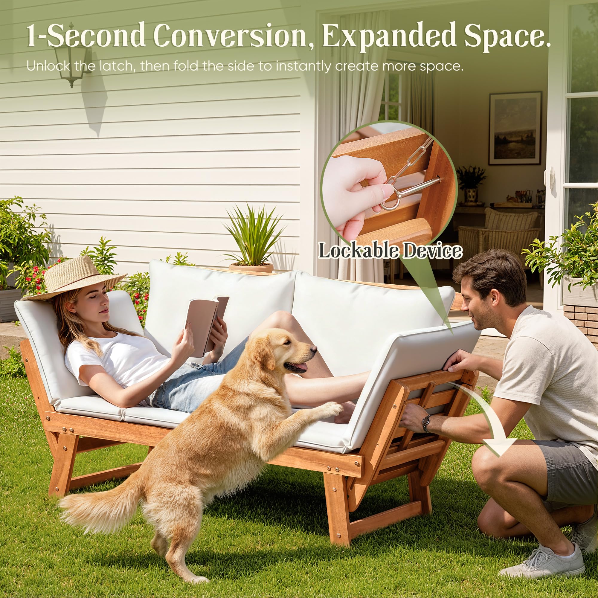 Acacia Wood Outdoor Loveseat with Adjustable Armrests