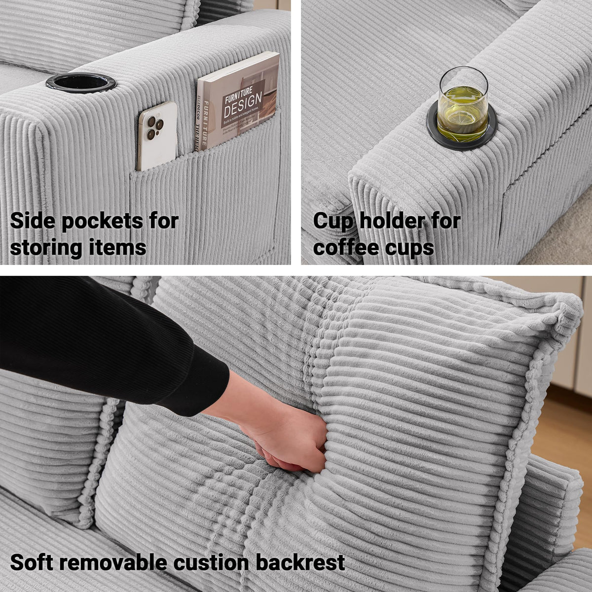 WODNITURE 55.6 in Convertible Sofa Bed, Corduroy Futon Couch, Gray