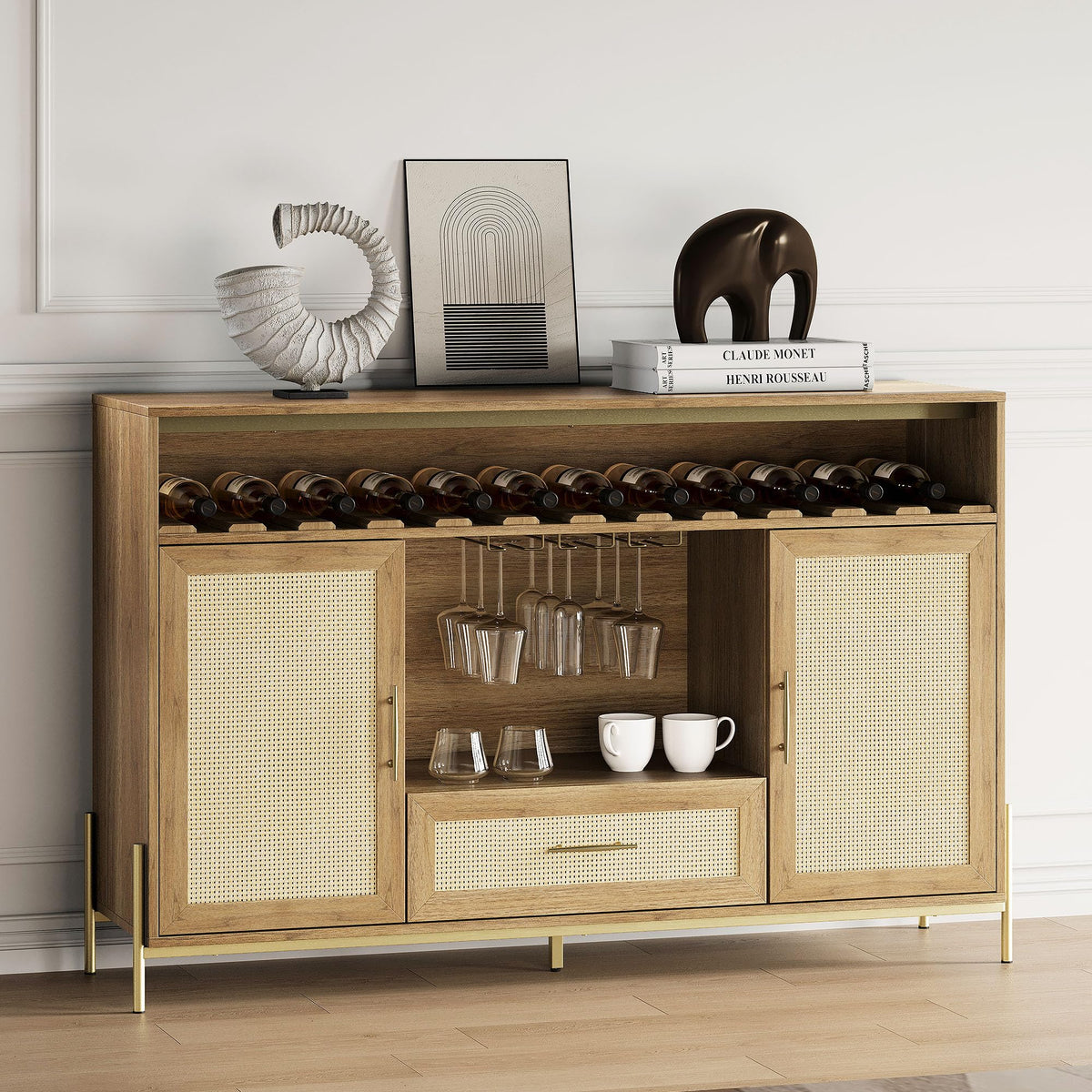 BELLEZE Coffee Bar Cabinet, 55" Rattan Liquor Cabinet, Boho Farmhouse Sideboard Buffet Cabinet with Storage, Accent Bar Cabinet for Living Room, Dining Room, and Entryway - Marcel (Camel)