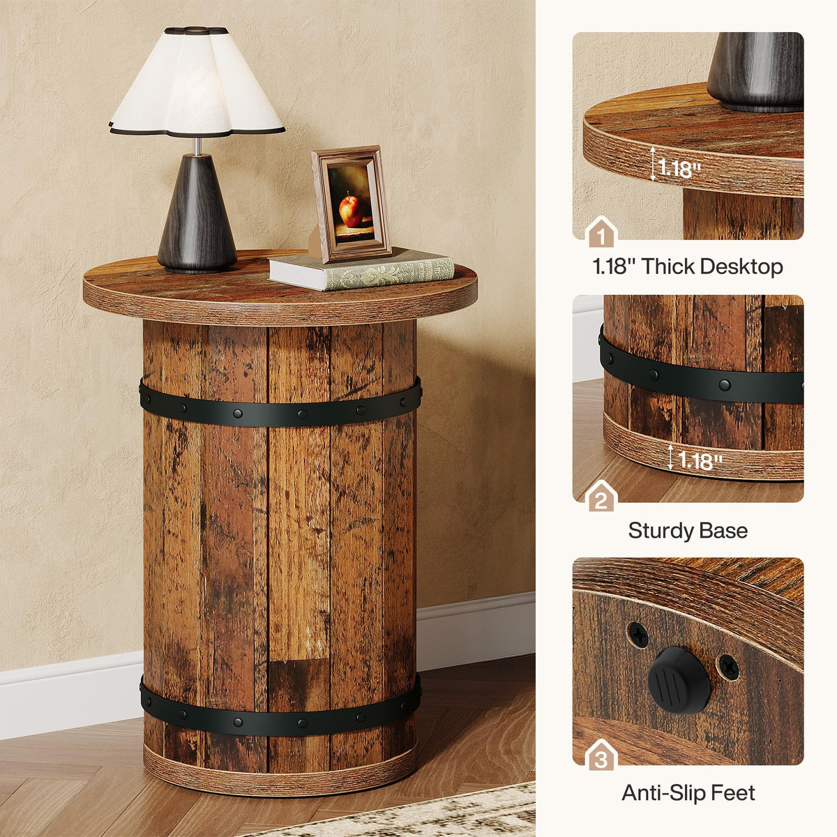 Tribesigns Round Side Table, Rustic End Tables Living Room, Rustic Brown