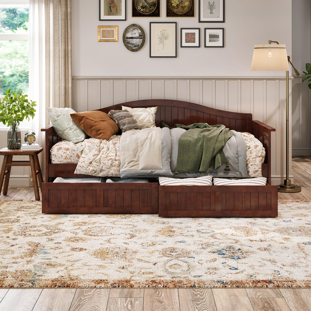 AFI, Nantucket Twin Size Wood Daybed Frame with 2 Storage Drawers, Walnut