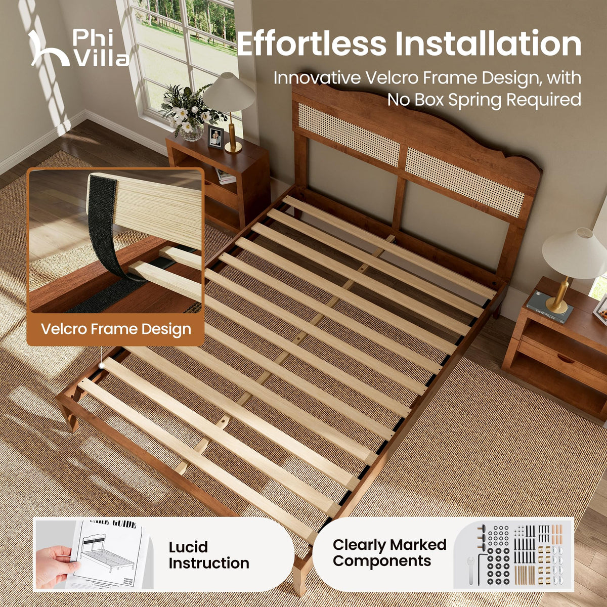 PHI VILLA Solid Wood Queen Bed Frame with Adjustable Headboard
