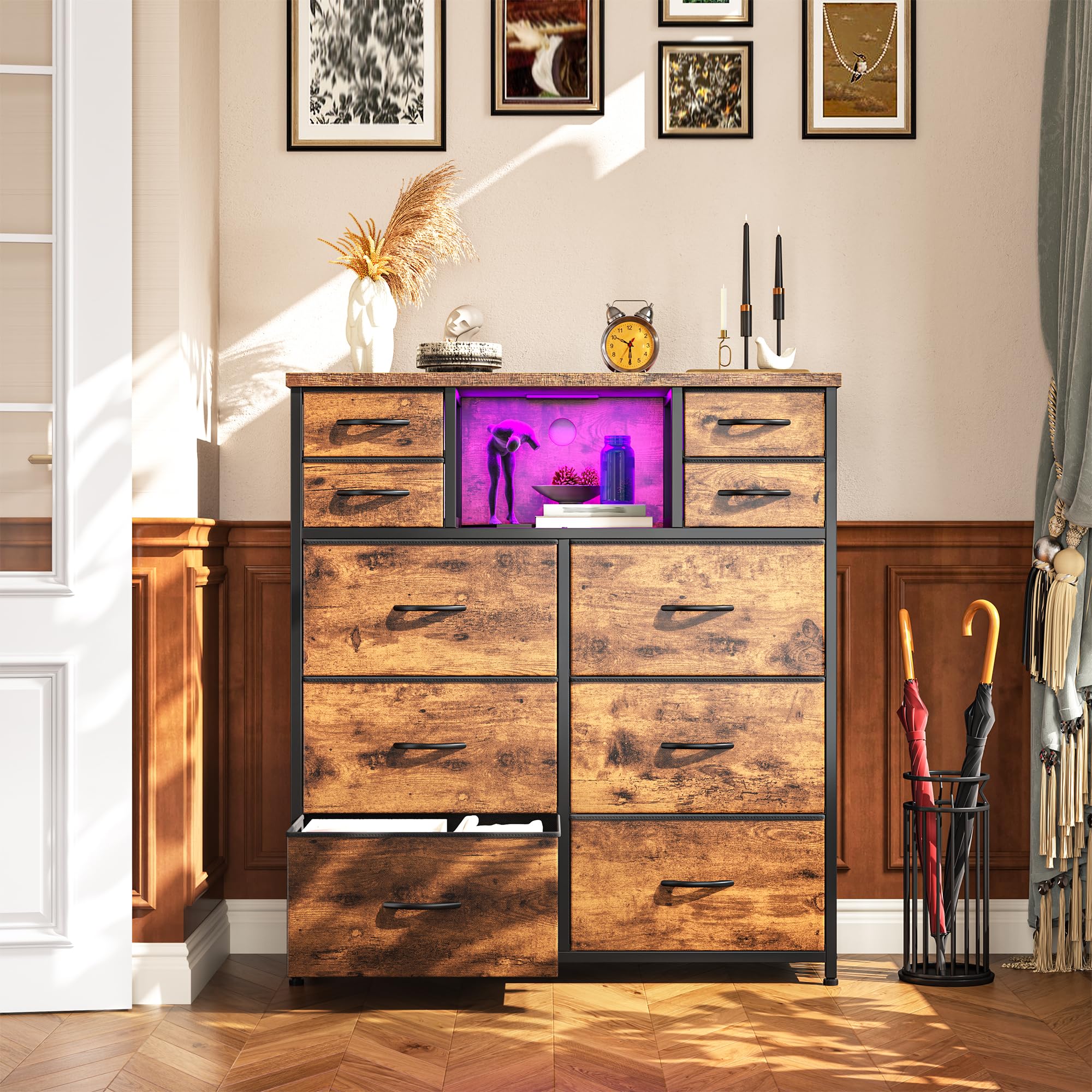 Romorgniz Dresser for Bedroom with 10 Drawers Featuring LED Light and Power Outlet, Fabric Dressers & Chest of Drawers with Open Shelves for Hallway, Living Room, Steel Frame,Wood Top, Rustic Brown