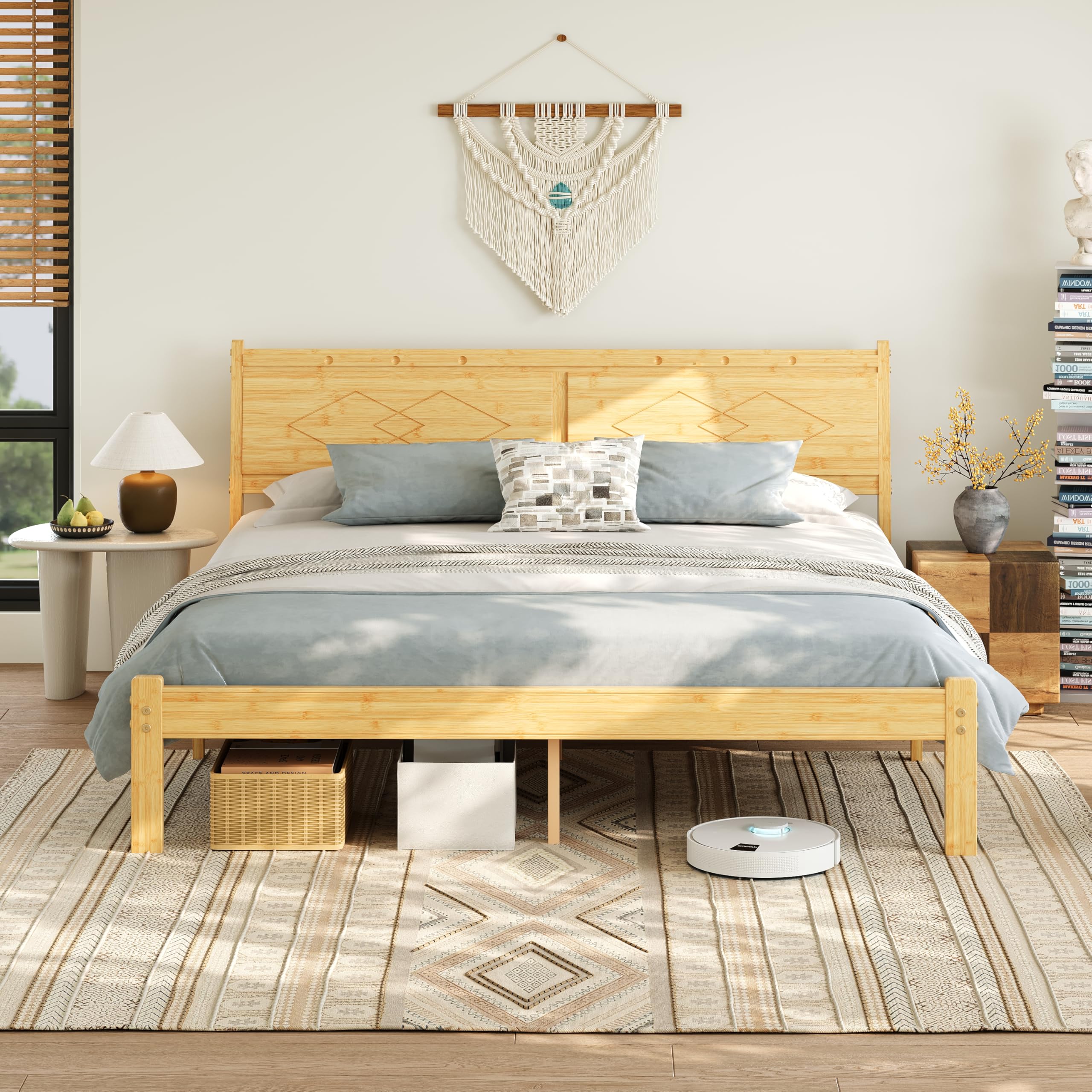 Bamboo & Iron Platform Bed Frame with Headboard | 14-Inch Clearance