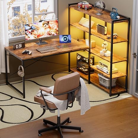 L-Shaped Desk with 5-Tier Shelves, LED Lights & Power Outlet, 49 Inch