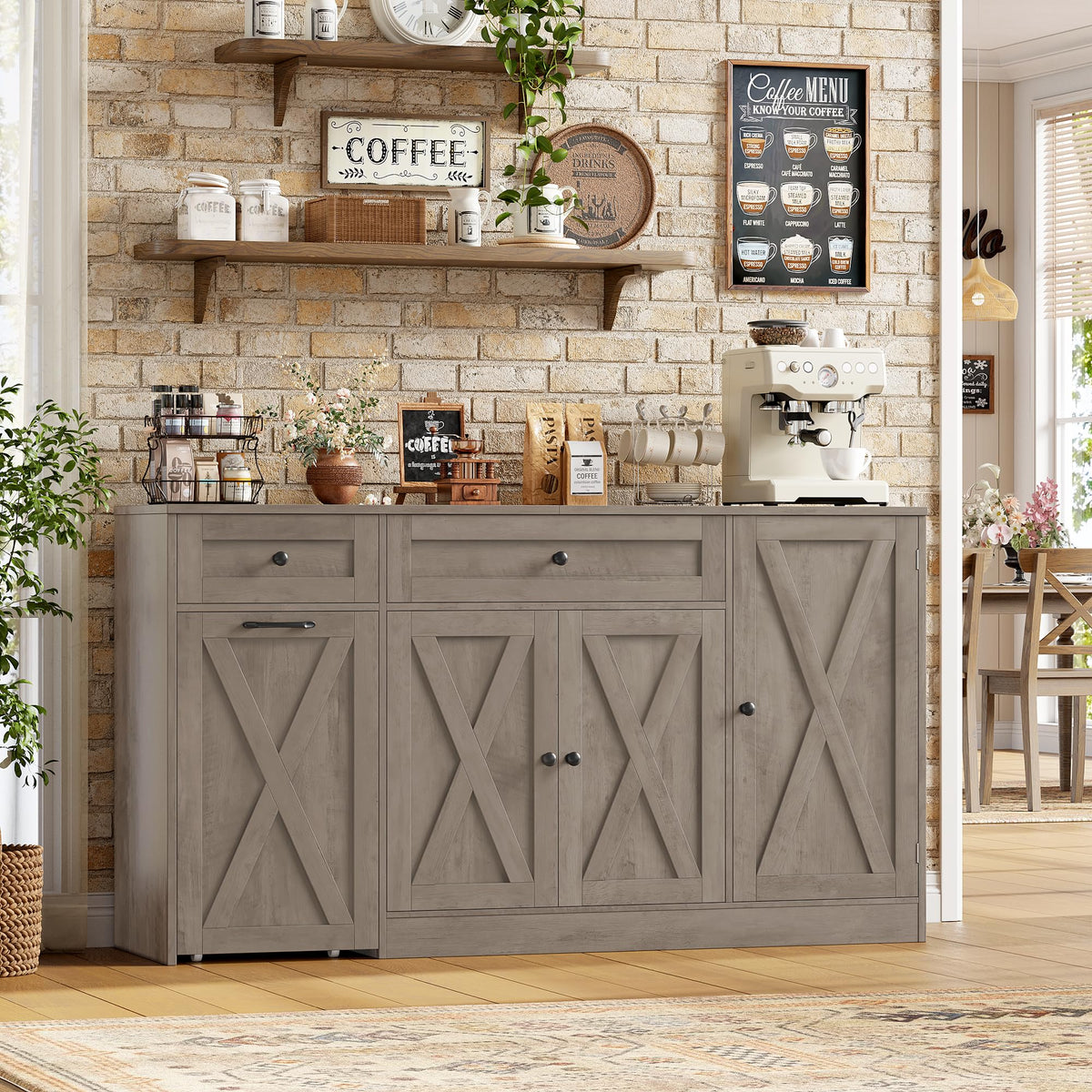 HOSTACK 59" W Kitchen Buffet Cabinet with Storage, Coffee Bar Cabinet, Grey