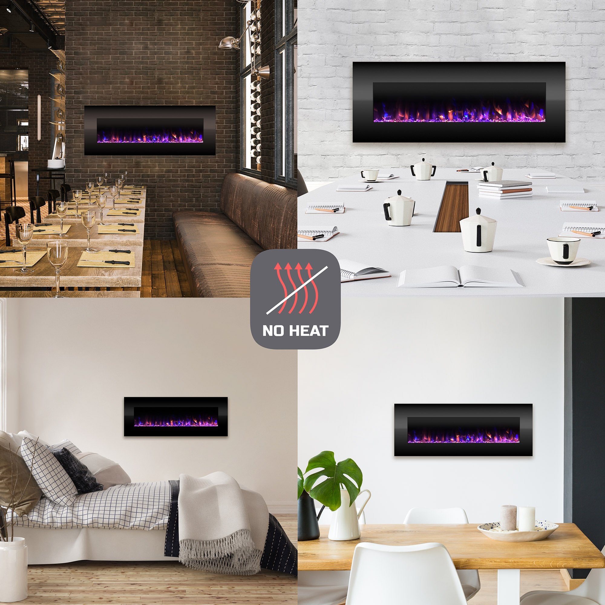 Northwest 54 Inch No Heat Wall Mounted Fireplace - Adjustable LED Flame Color and Brightness Electric Fireplace Wall Mounted with Crystal Background, Timer and Remote (Black)