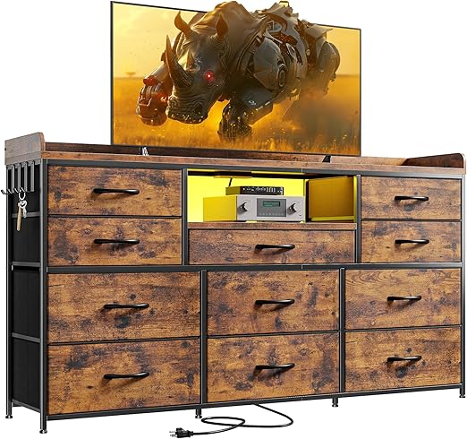 TV Stand Dresser with 11 Drawers & LED Lights