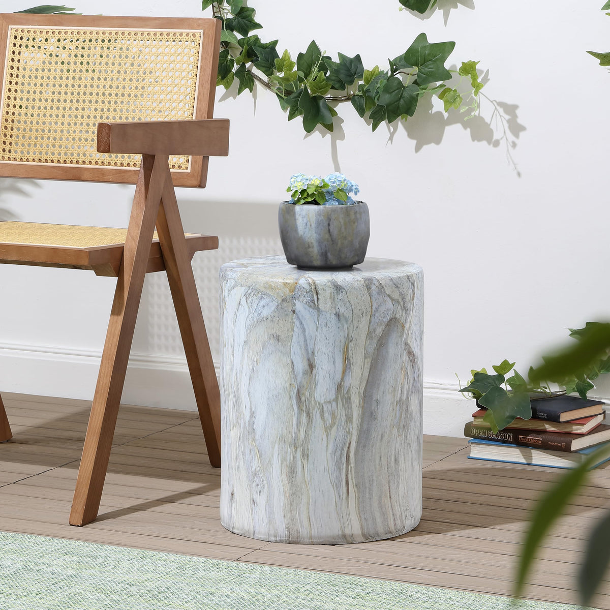 JONATHAN Y Troy Faux Marble Cylinder Accent End Table 17", Gray/Gold