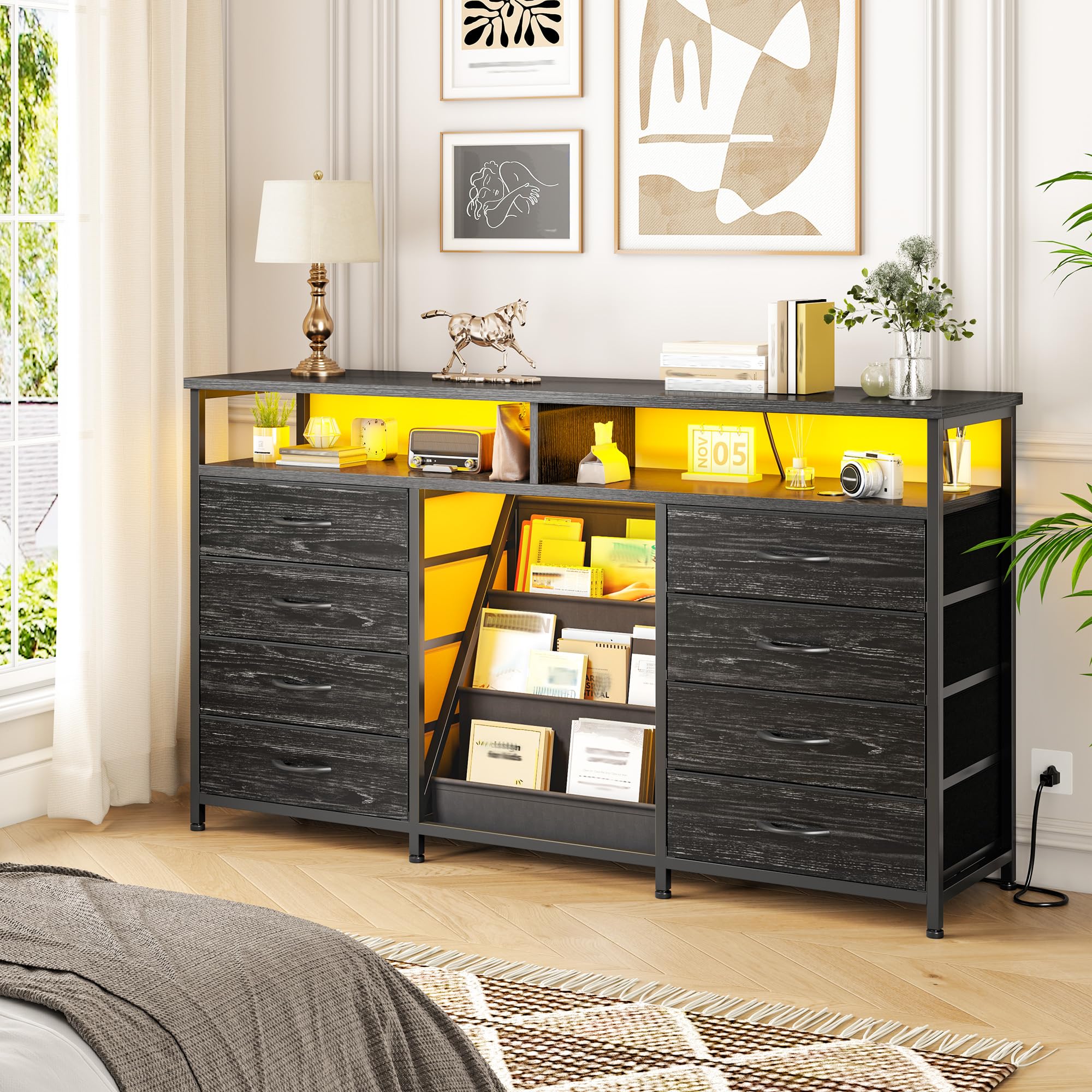 EnHomee 55 ” W Dresser for Bedroom with Bookrack & 8 Fabric Drawers, Dresser TV Stand with Power Outlet & LED Lights for 65 Inch TV, Chest of Drawers for Cabinet, Entryway, Charcoal Black