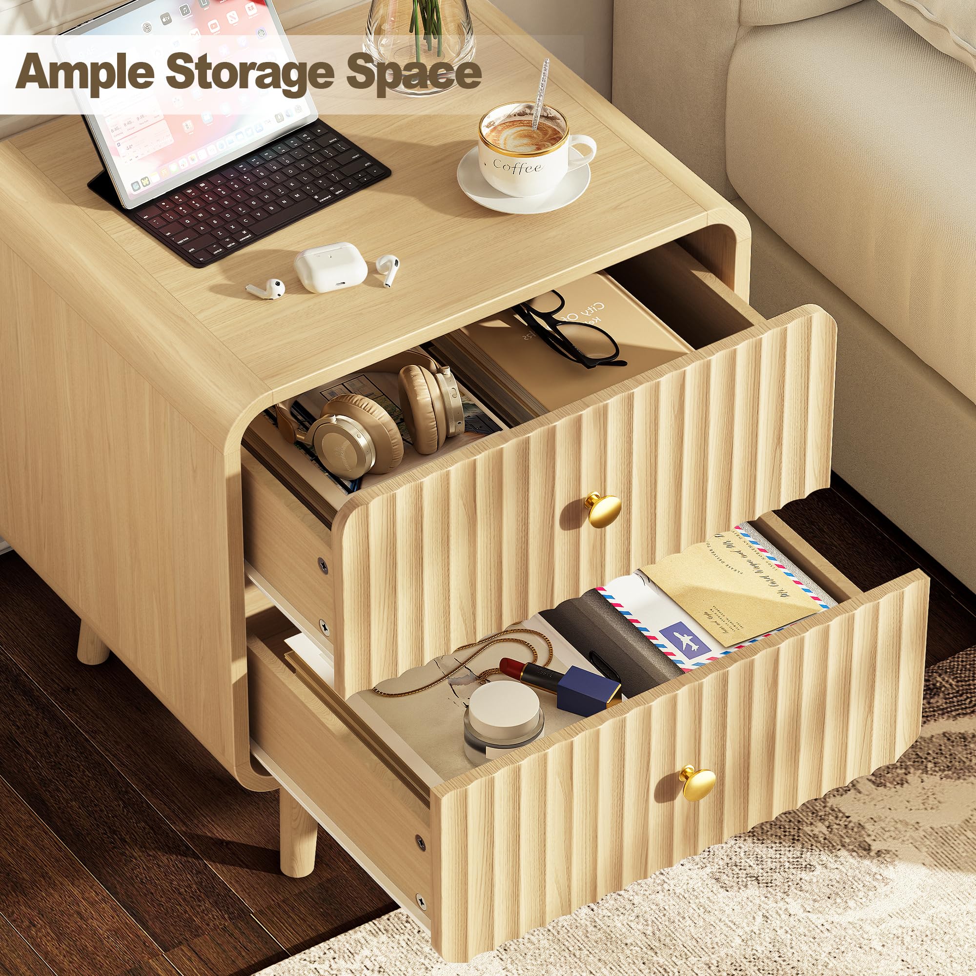 Fluted Nightstand with 2 Drawers – Oak