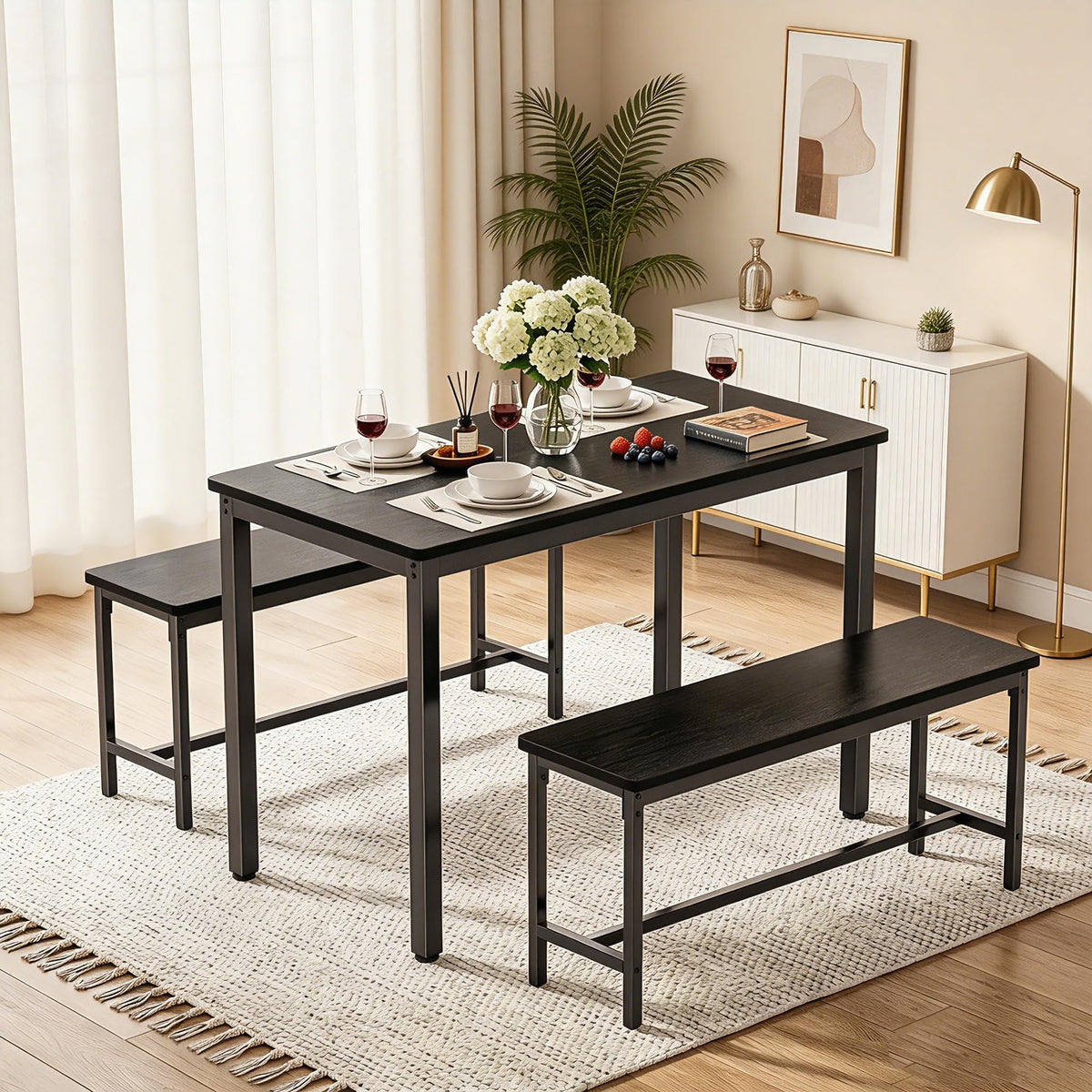 Minicloss Dining Table Set for 4, 3 Piece Dining Room Table Set for Space-Saving, Modern Kitchen Table with 2 Benchs for Apartment Breakfast Nook and Samll Space, Black