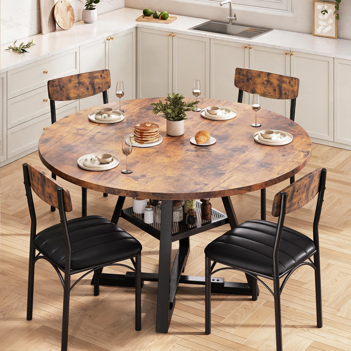 Dining Table Set for 4,Kitchen Table and Chairs for 4, Round Dining Room Table with Upholstered Chairs, 5 Piece Space Saving Circle Wood Kitchen & Dining Room Dinner Dinette Table Set (Vintage, 42In)