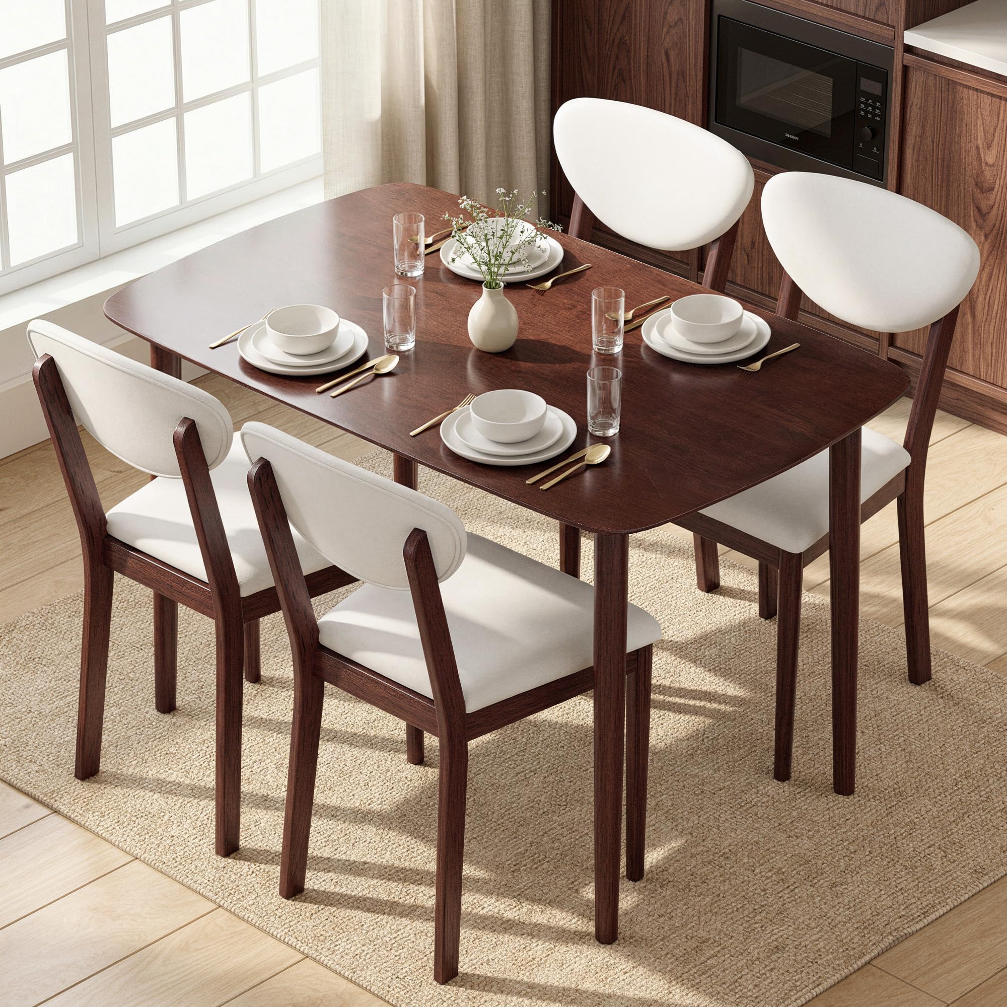 HOMCOM 5-Piece Dining Table Set for 4, Mid-Century Modern Kitchen Table and Chairs with Padded Seats and Backrests, Solid Wood Frame for Small Space, Dining Room, Living Room, Cream White