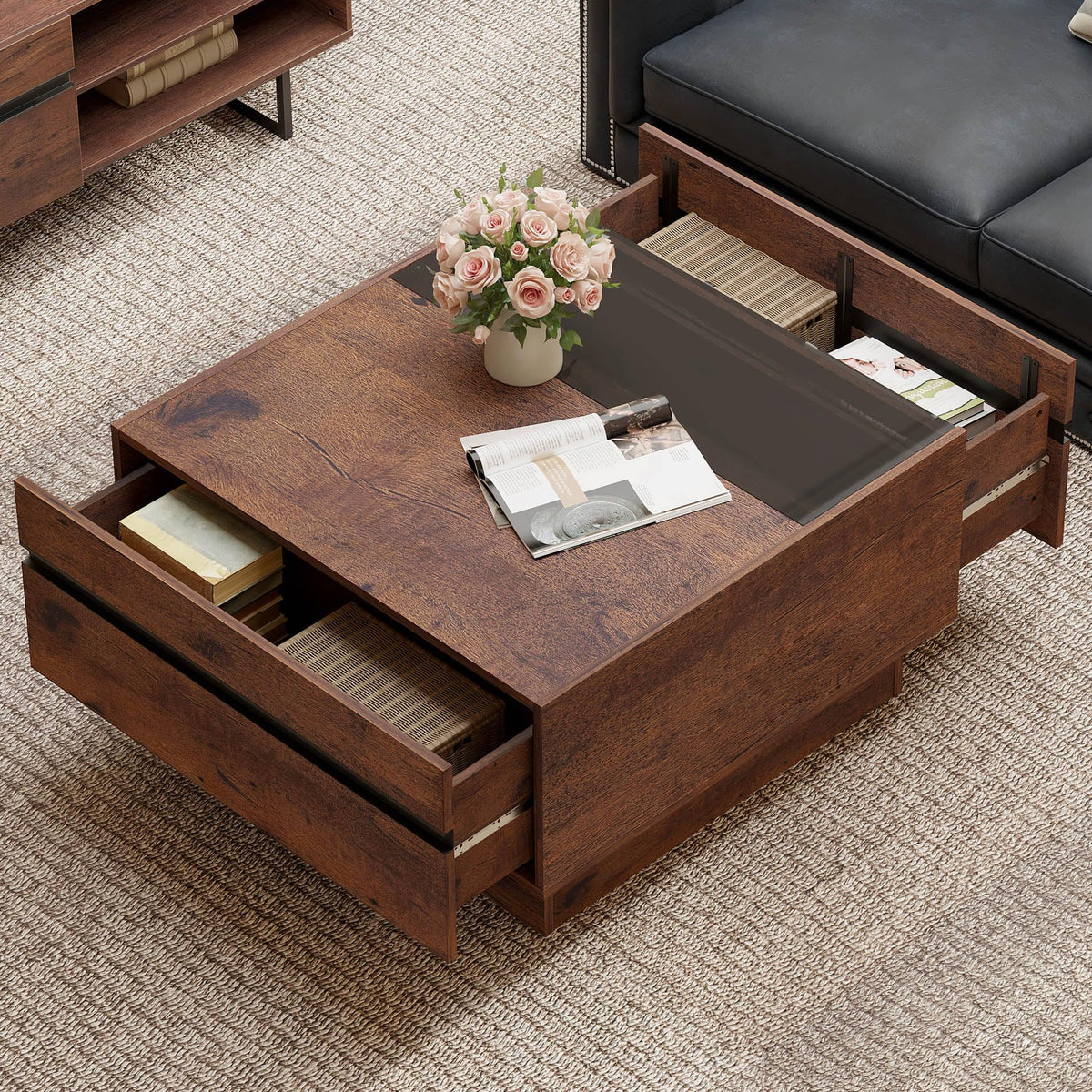 Square Glass Top Storage Coffee Table