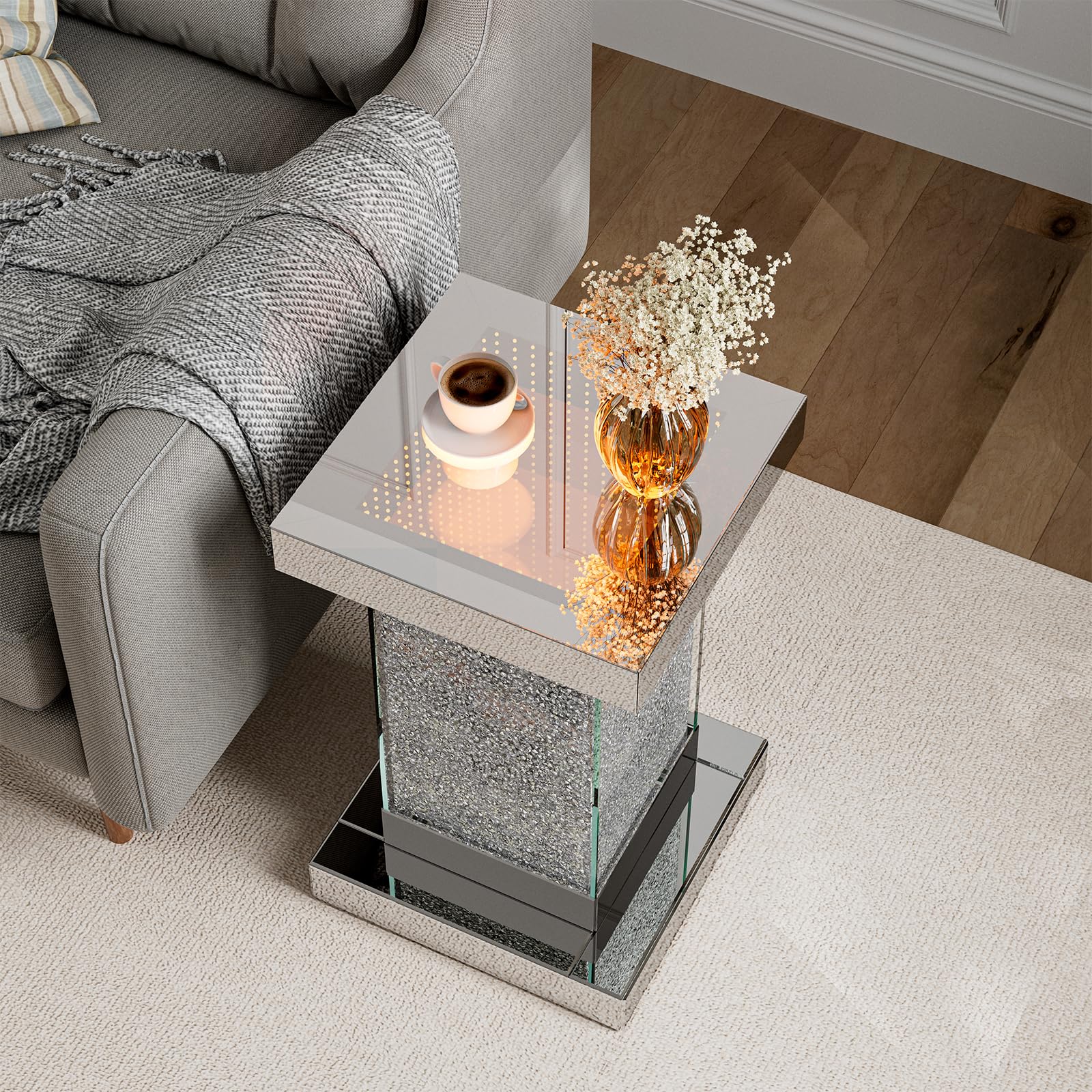 KZNGK Mirrored End Table Nightstand with LED Light, Modern LED Side Table with Crystal Diamond Inlay, Remote Control, 8 Colors Changing Light