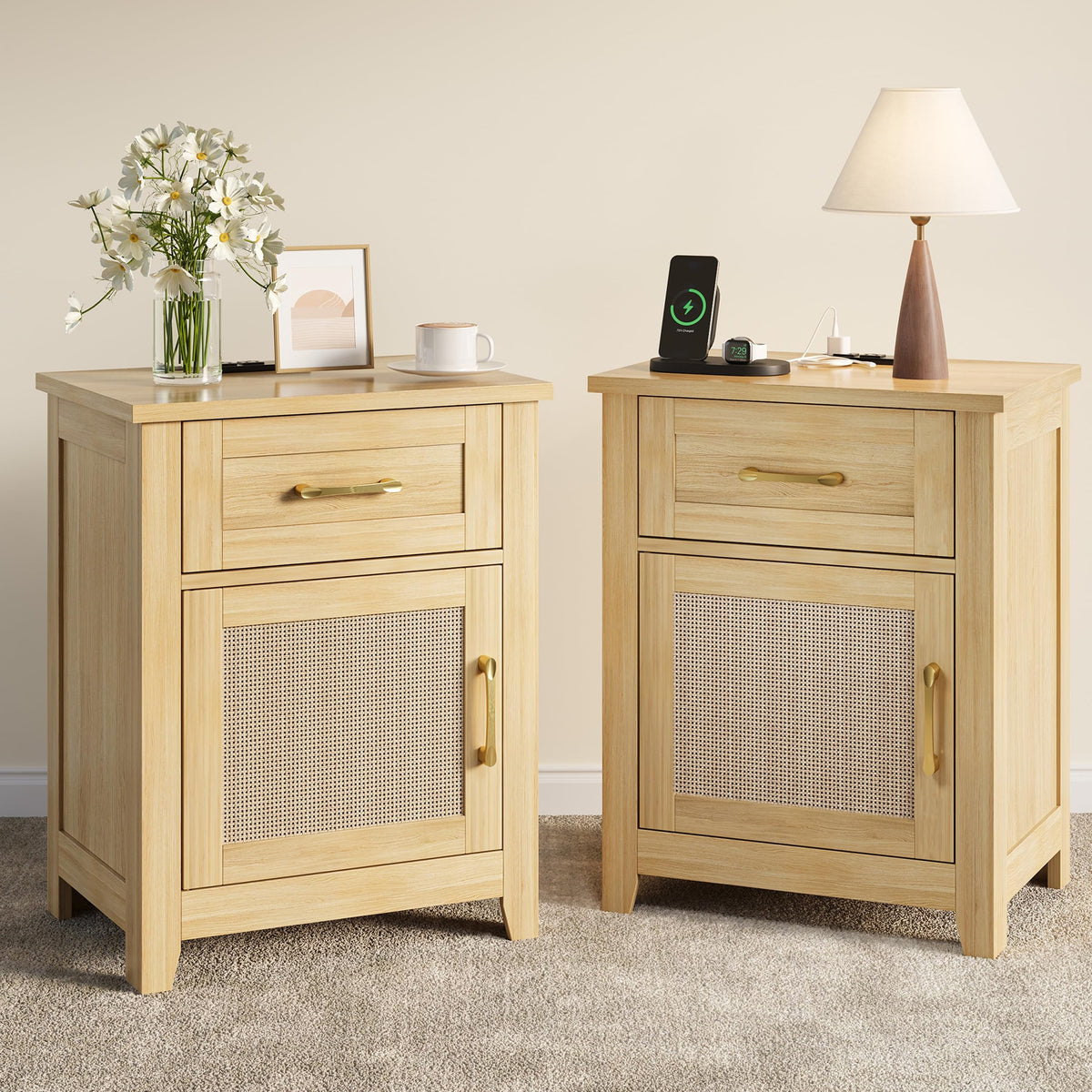 Rattan Nightstand with Charging Station