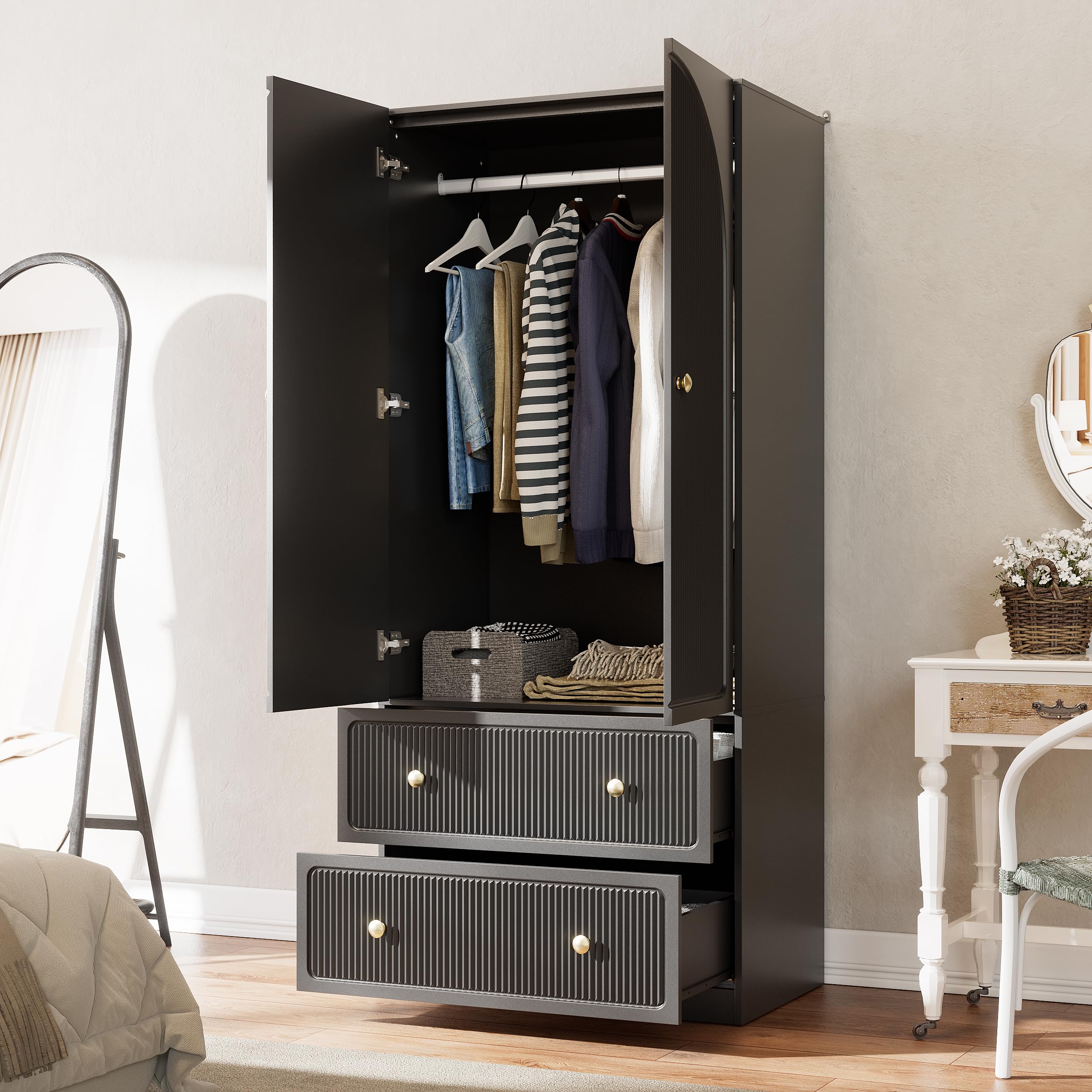 2-Door Wardrobe with Drawers & Hanging Rod